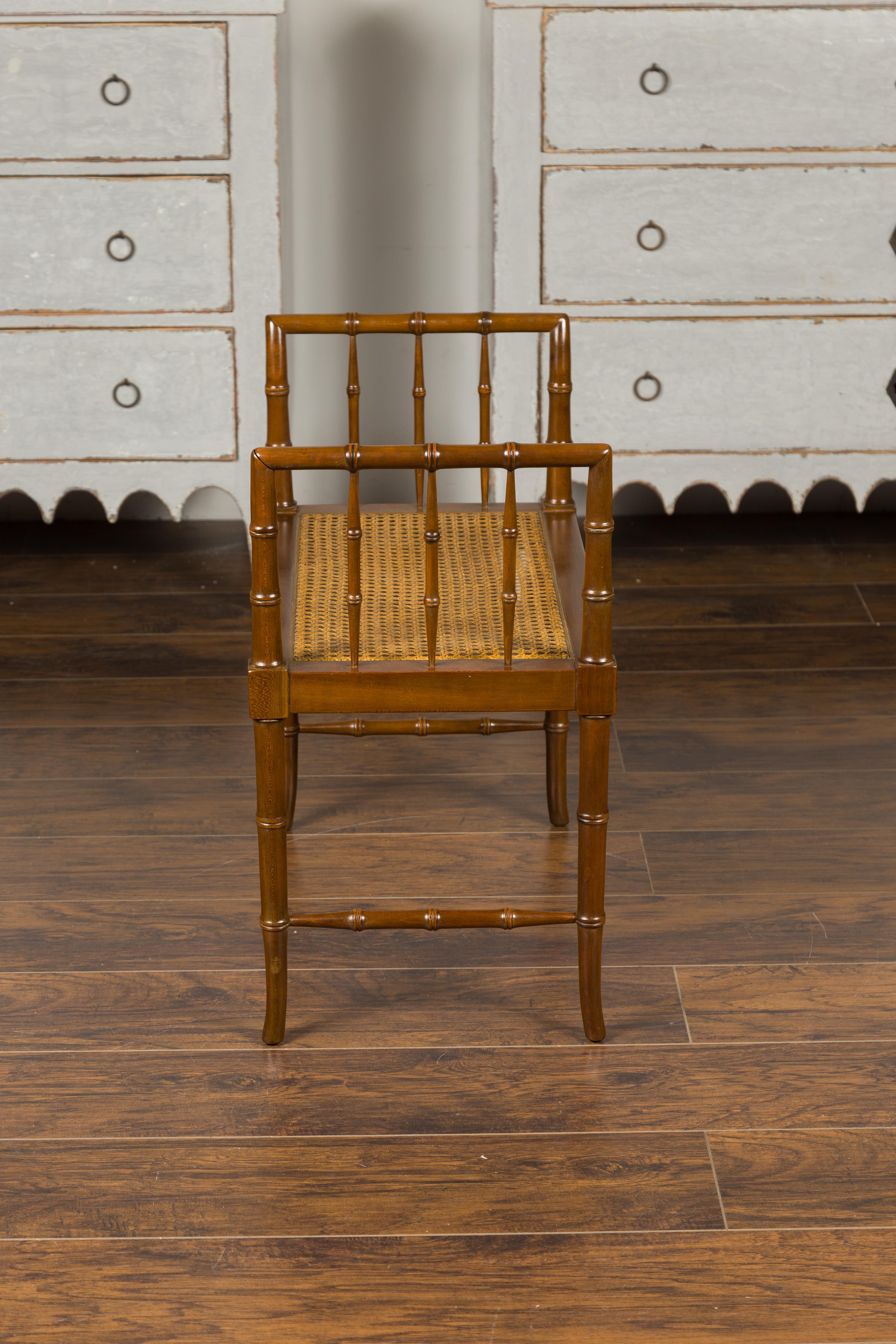 Baker Furniture Midcentury Vintage Faux Bamboo Walnut Bench with Cane Seat 1