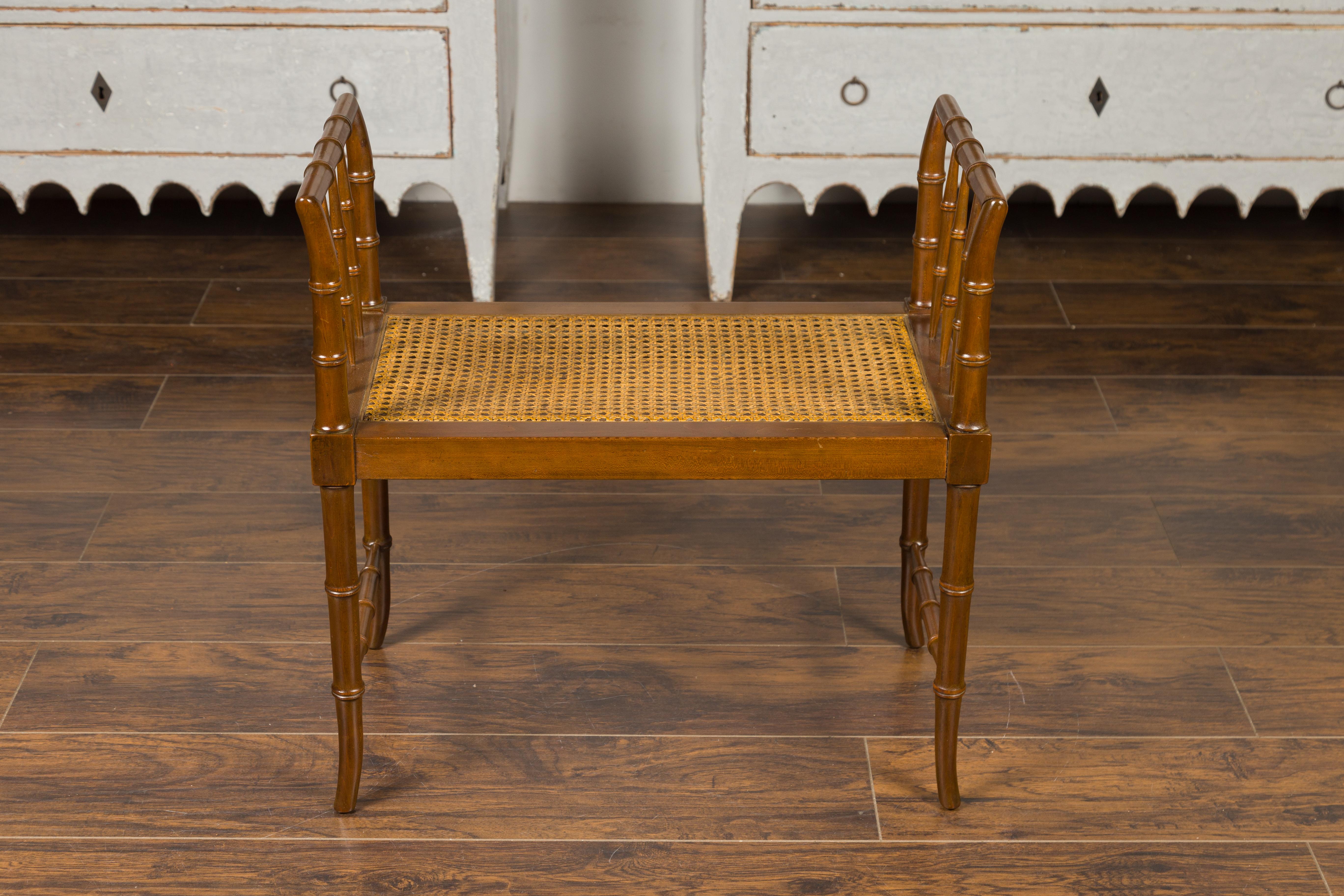 Baker Furniture Midcentury Vintage Faux Bamboo Walnut Bench with Cane Seat 2