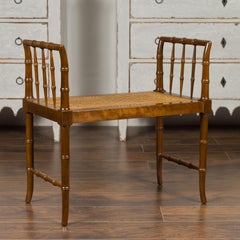 Baker Furniture Midcentury Vintage Faux Bamboo Walnut Bench with Cane Seat