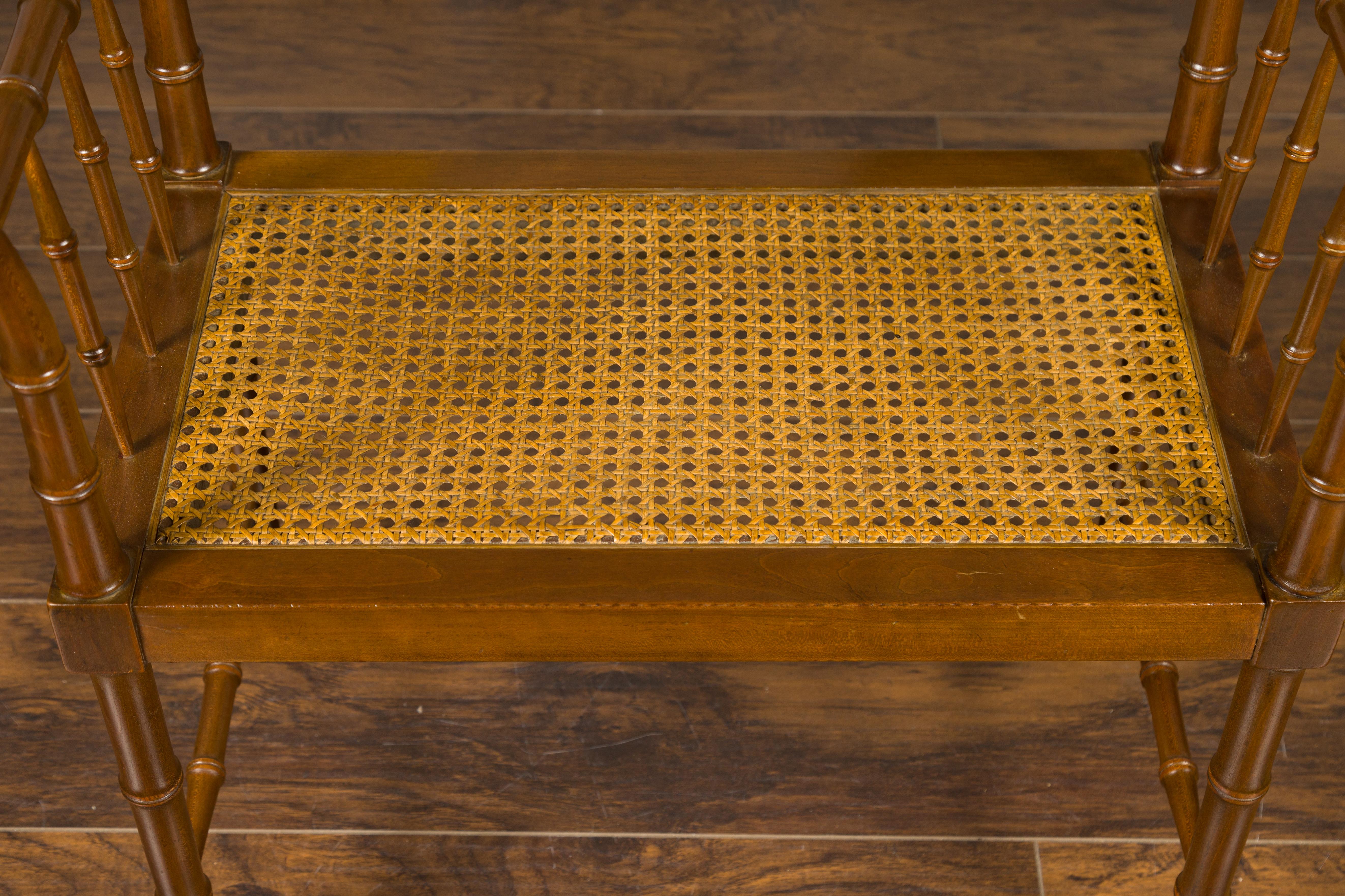 Mid-Century Modern Baker Furniture Midcentury Vintage Faux Bamboo Walnut Bench with Cane Seat