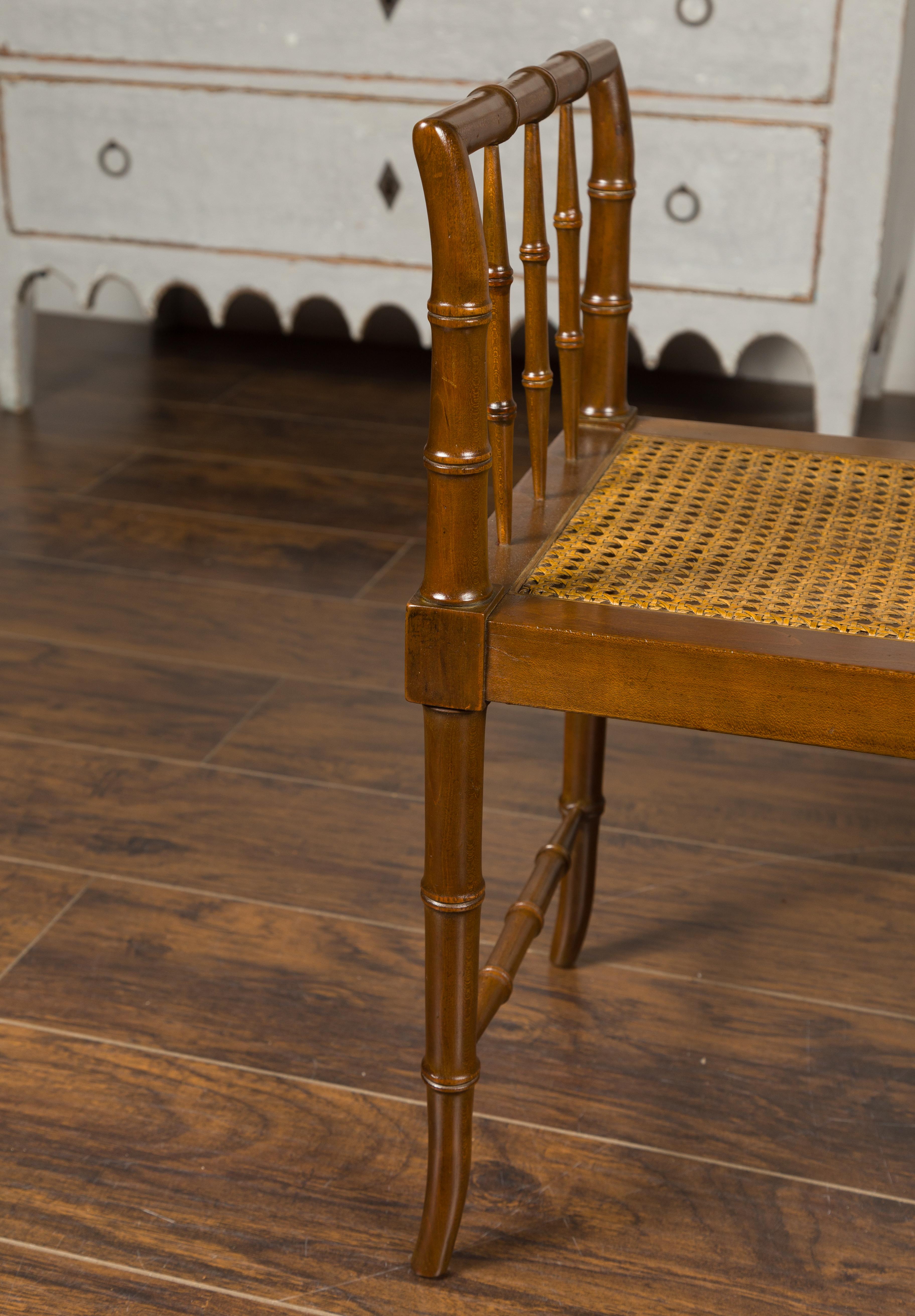American Baker Furniture Midcentury Vintage Faux Bamboo Walnut Bench with Cane Seat