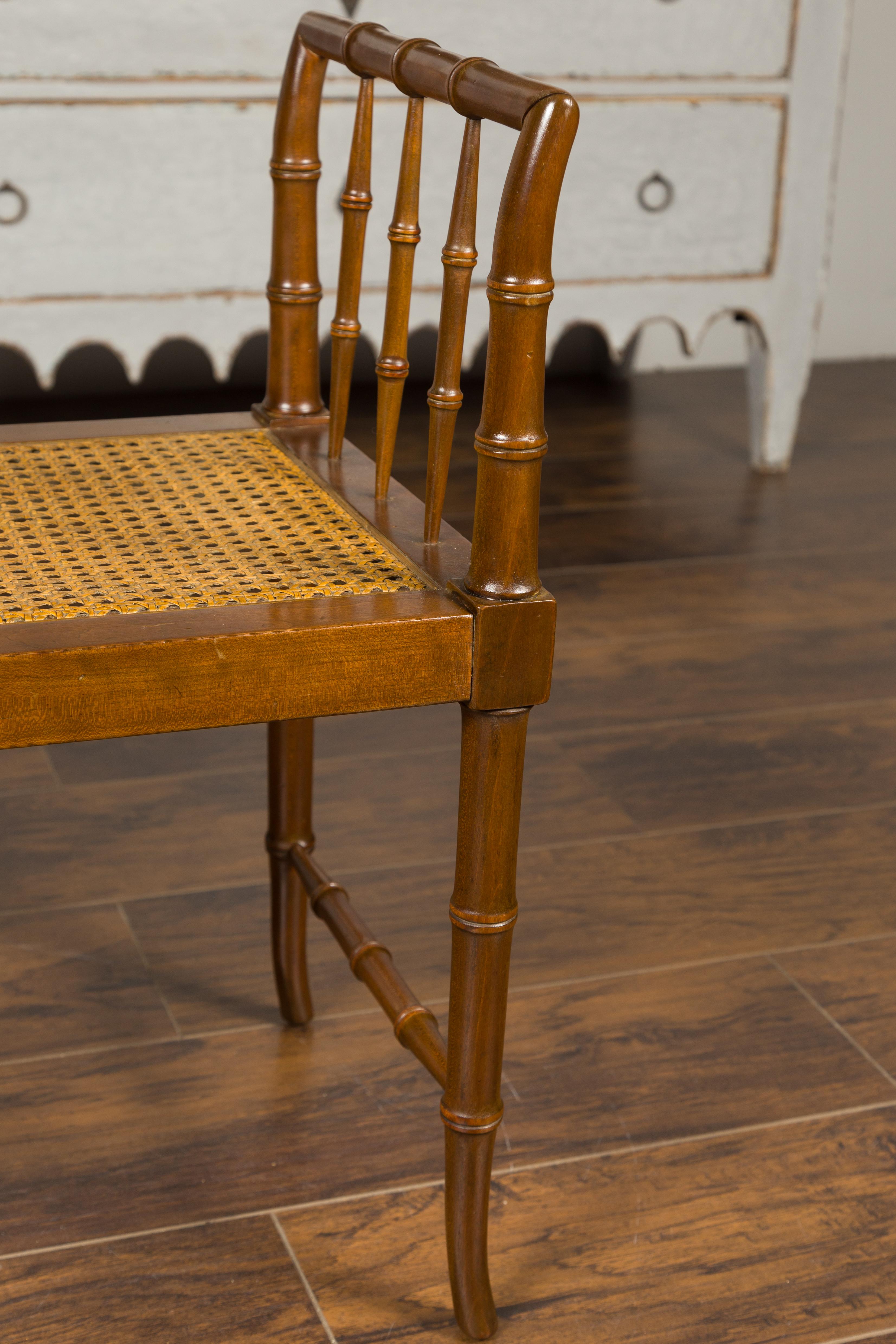 Baker Furniture Midcentury Vintage Faux Bamboo Walnut Bench with Cane Seat In Good Condition In Atlanta, GA
