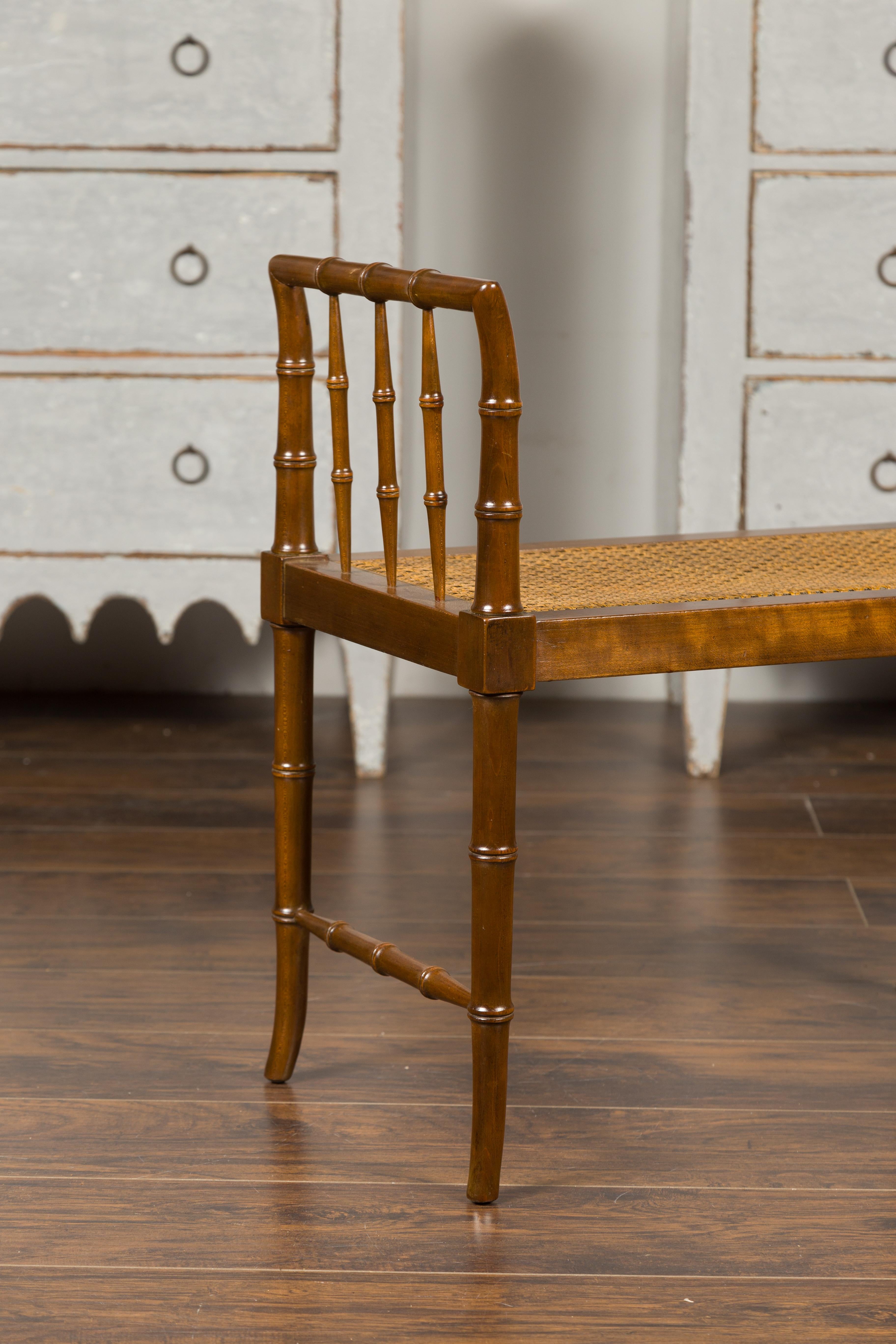 20th Century Baker Furniture Midcentury Vintage Faux Bamboo Walnut Bench with Cane Seat