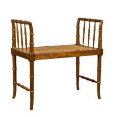 Baker Furniture Midcentury Vintage Faux Bamboo Walnut Bench with Cane Seat