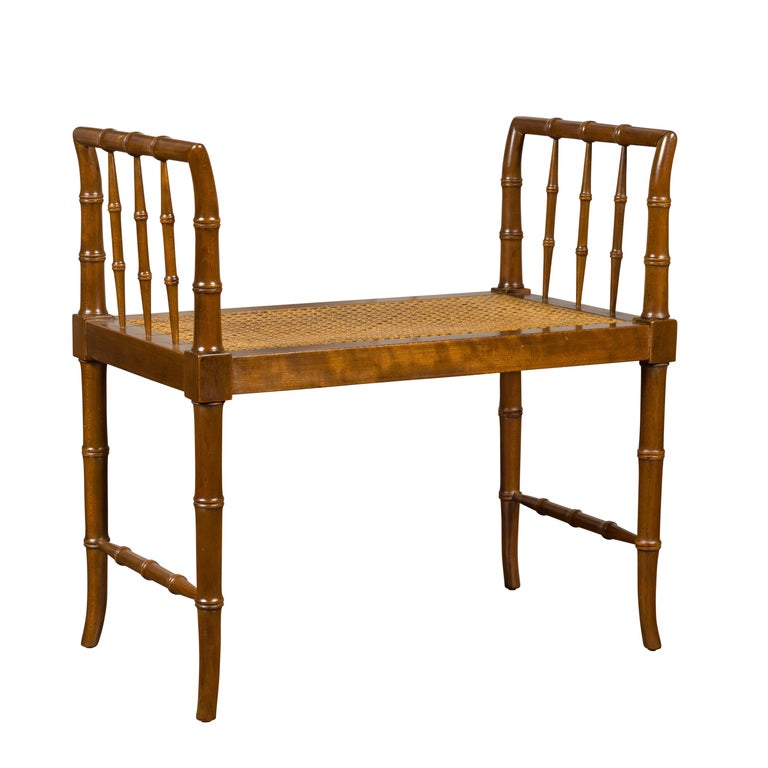 Baker Furniture Midcentury Vintage Faux Bamboo Walnut Bench With