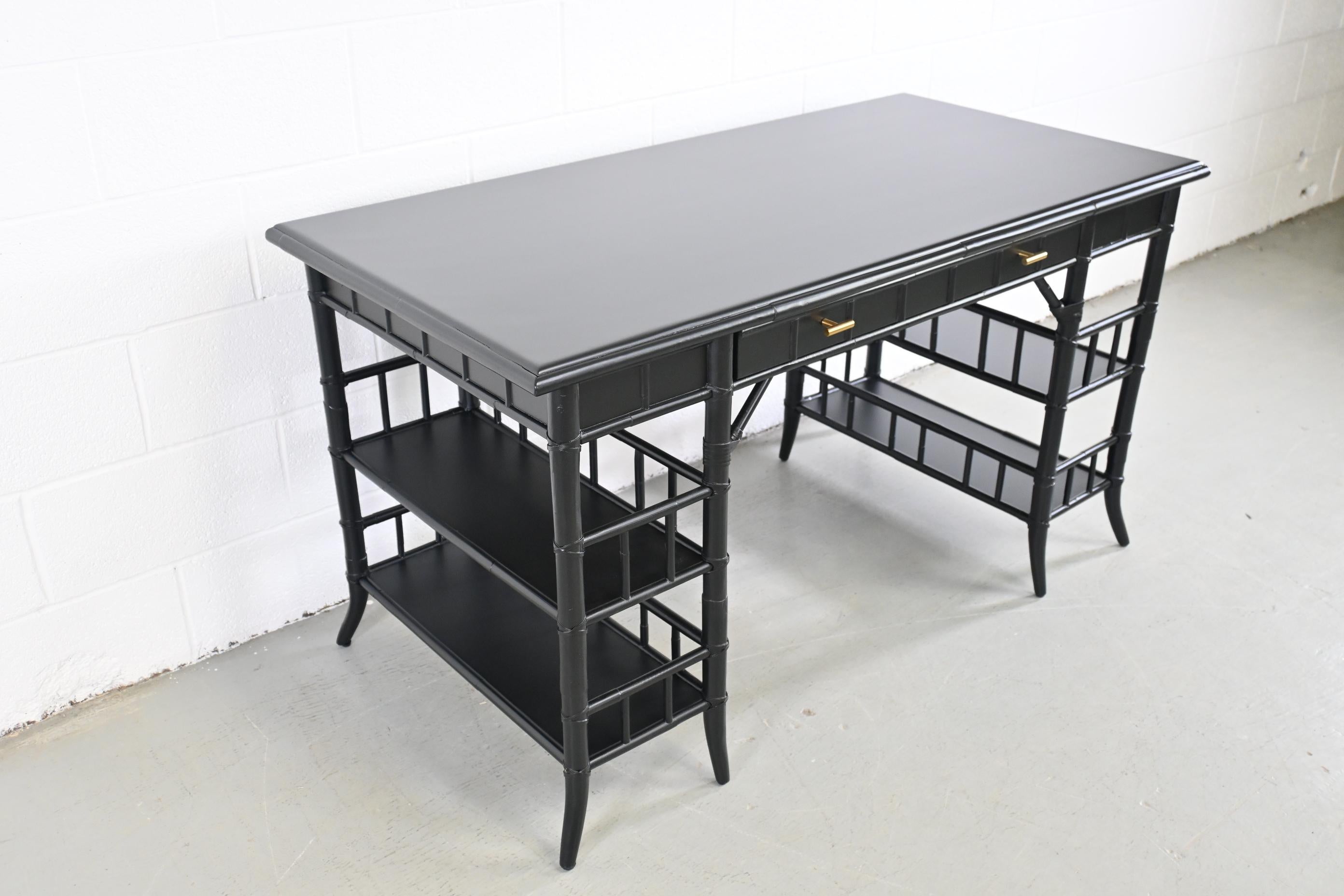 Baker Furniture Milling Road Black Lacquered Faux Bamboo Desk In Excellent Condition In Morgan, UT