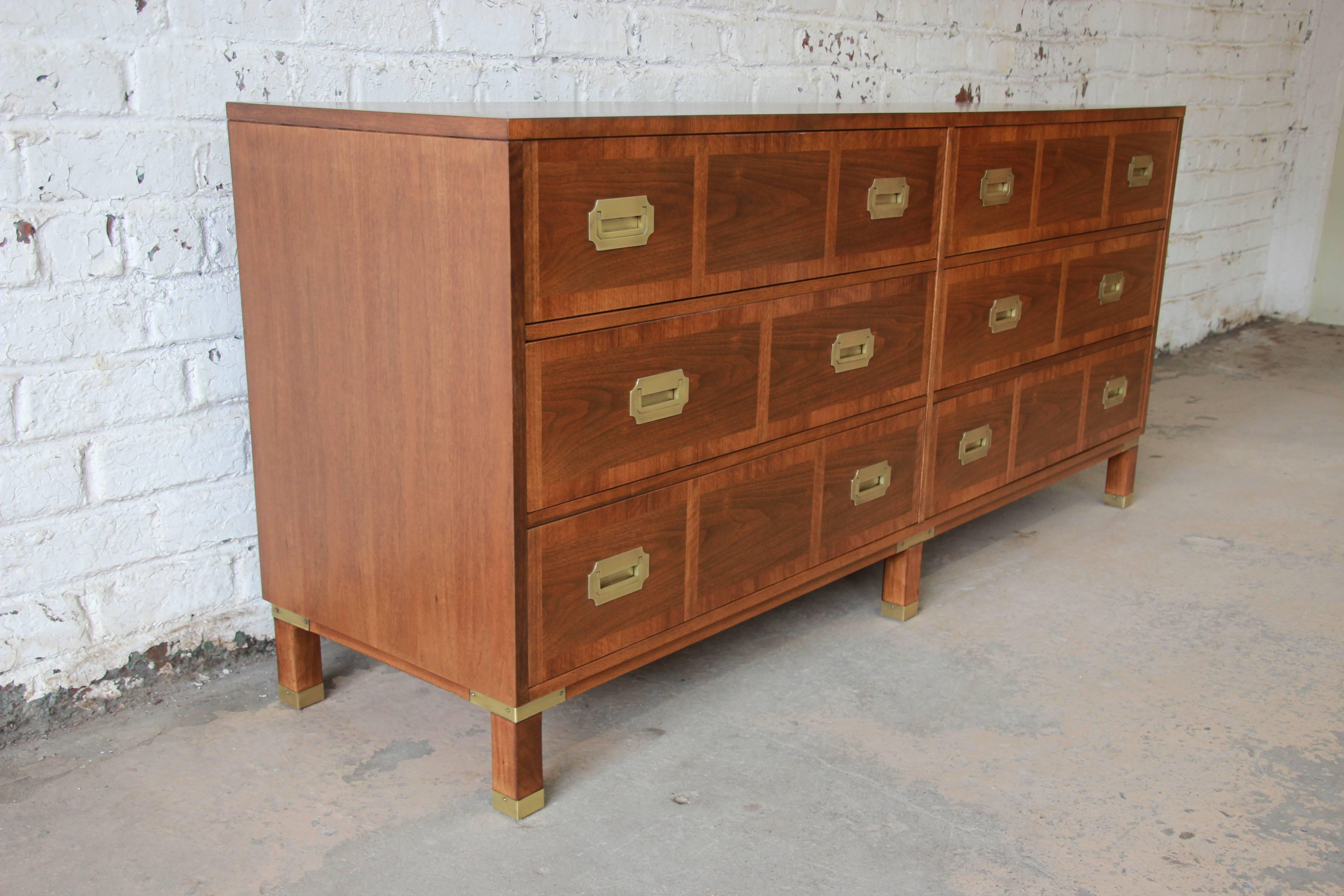 Baker Furniture Milling Road Campaign Style Long Dresser or Credenza In Good Condition In South Bend, IN