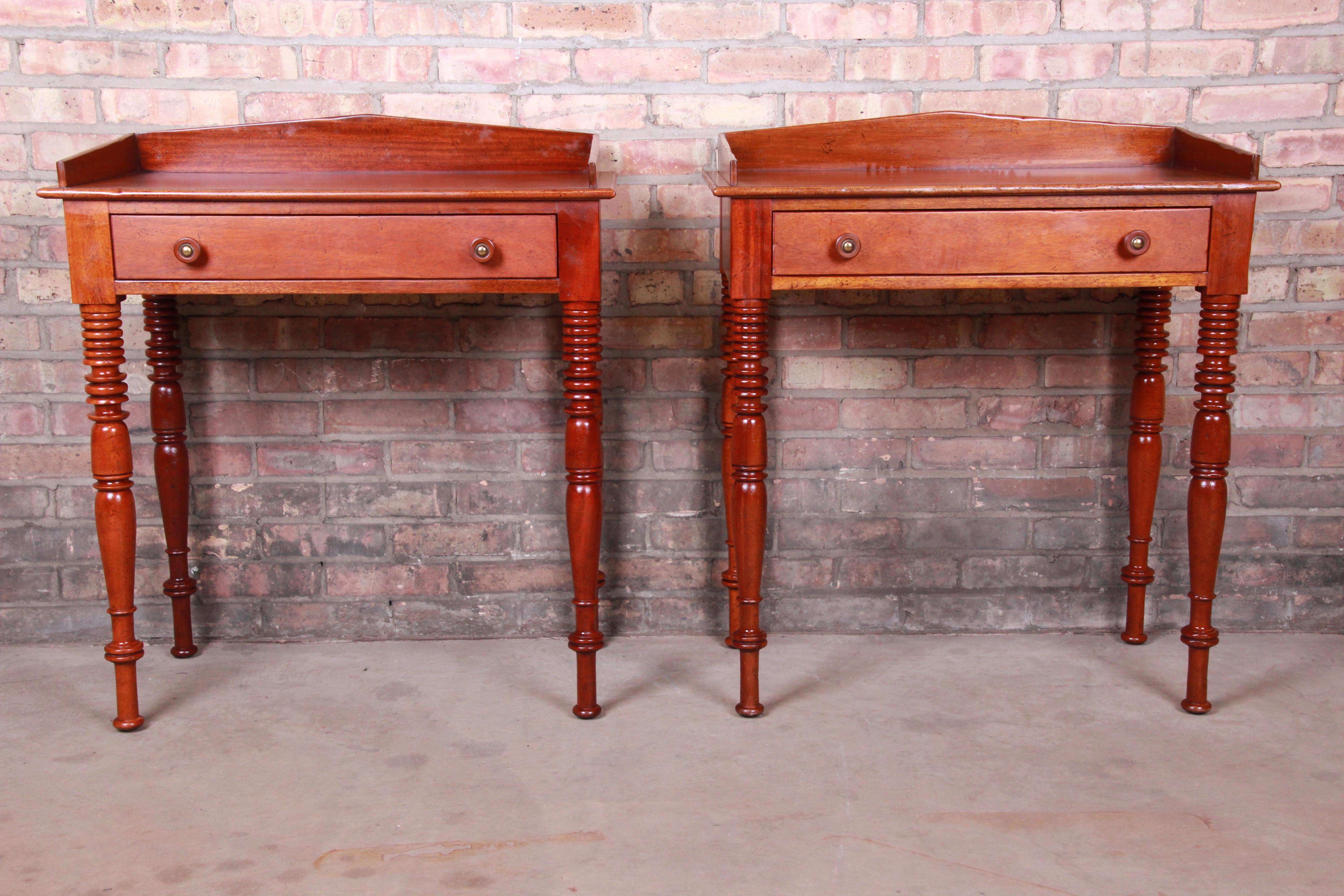American Colonial Baker Furniture Milling Road Carved Mahogany Nightstands, Pair