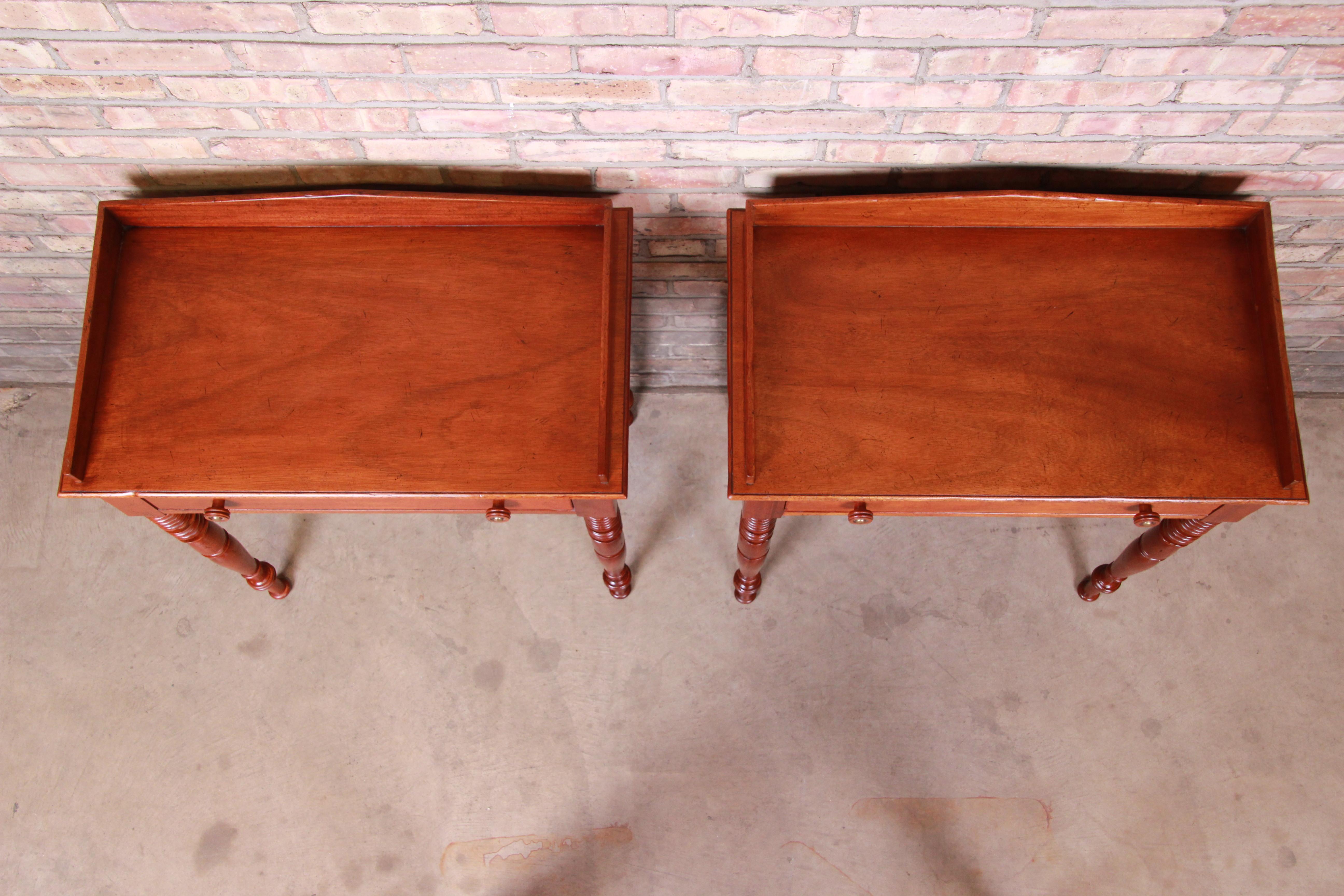 Late 20th Century Baker Furniture Milling Road Carved Mahogany Nightstands, Pair