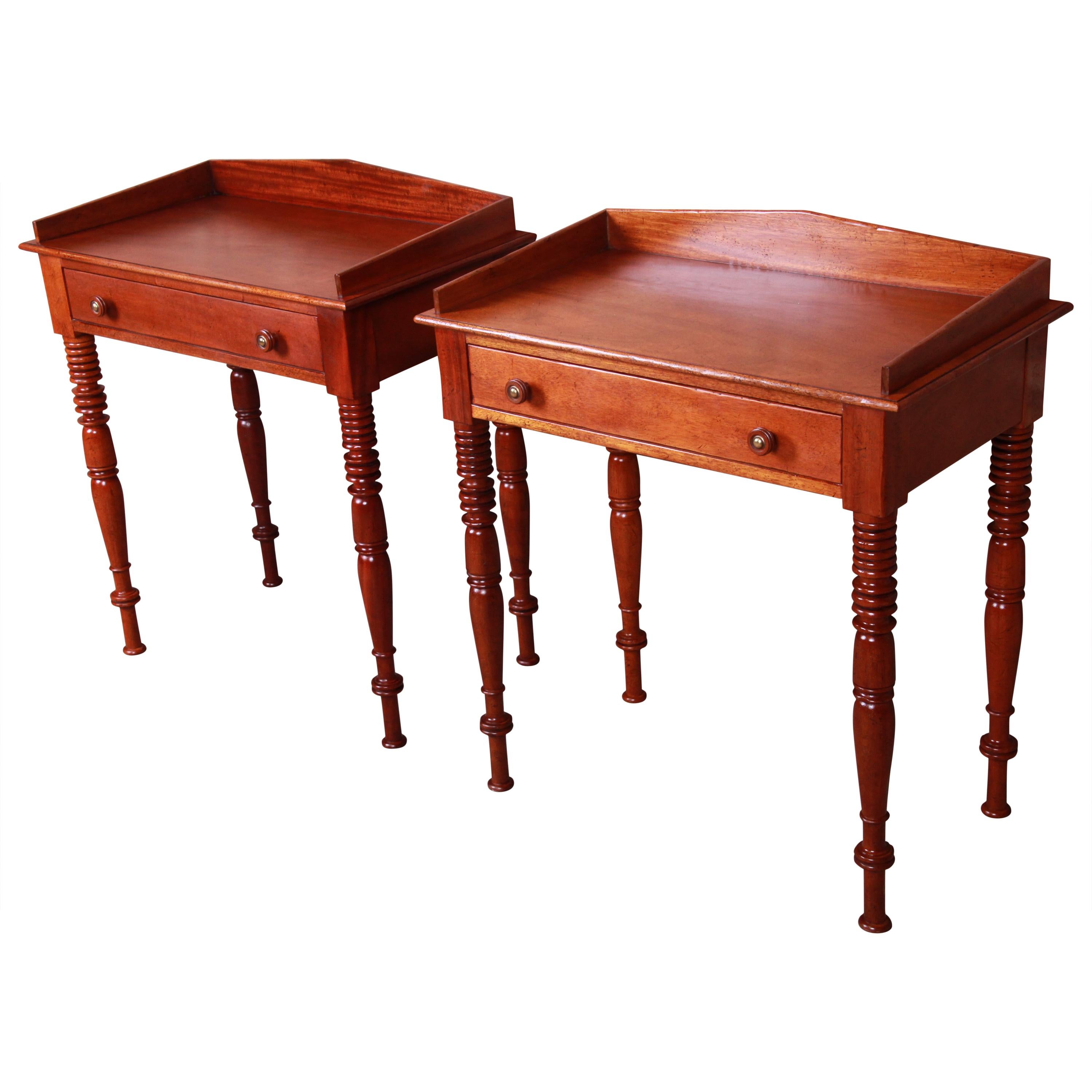 Baker Furniture Milling Road Carved Mahogany Nightstands, Pair