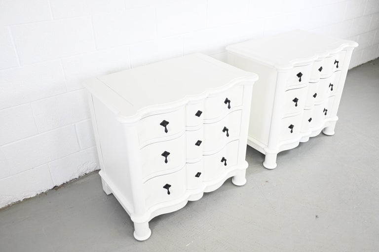 Lacquered Baker Furniture Milling Road French Country White Nightstands, a Pair For Sale