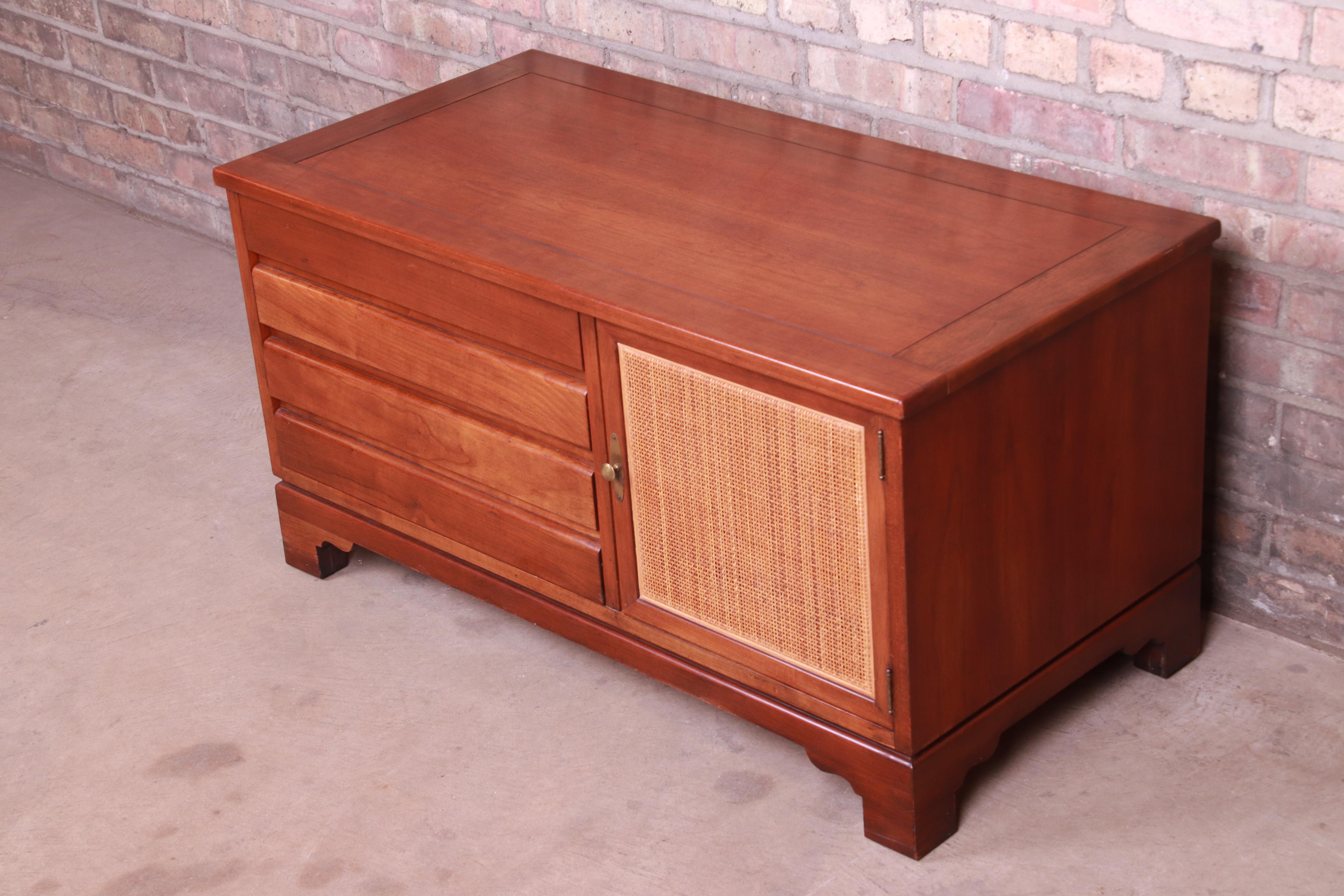 Mid-Century Modern Baker Furniture Milling Road Midcentury Cherrywood and Woven Rattan Chest For Sale