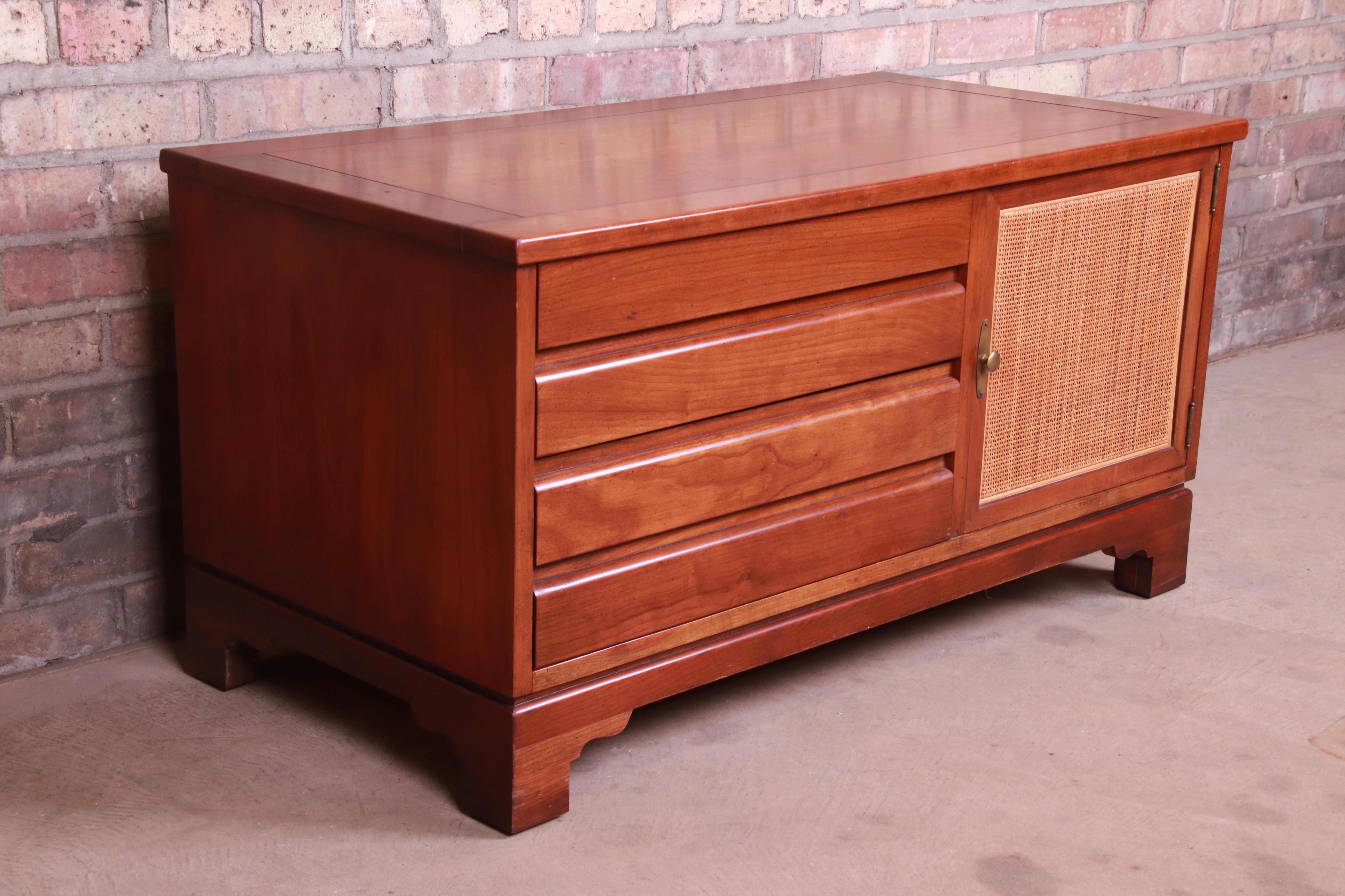 Baker Furniture Milling Road Midcentury Cherrywood and Woven Rattan Chest In Good Condition In South Bend, IN