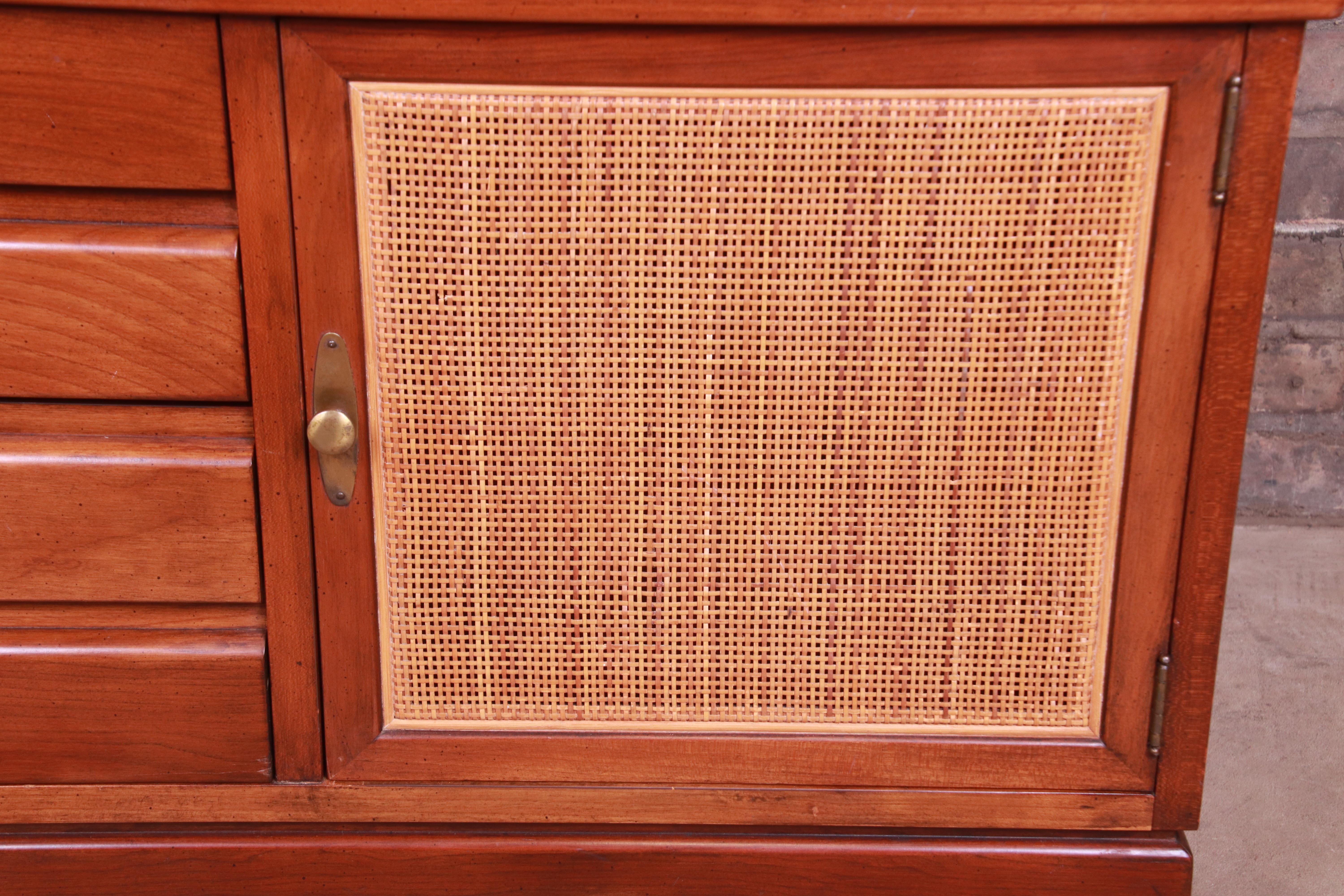 20th Century Baker Furniture Milling Road Midcentury Cherrywood and Woven Rattan Chest For Sale