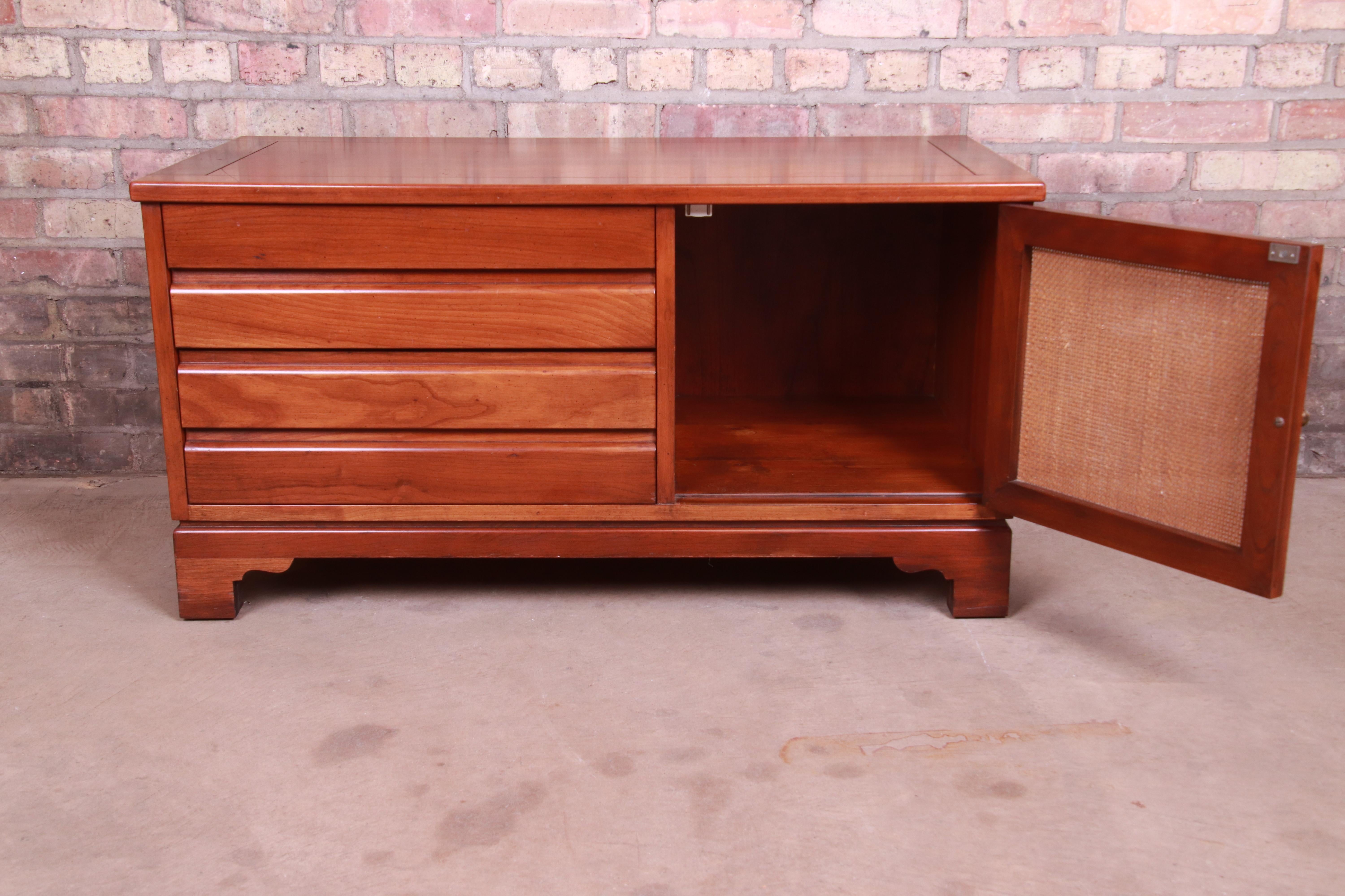 Brass Baker Furniture Milling Road Midcentury Cherrywood and Woven Rattan Chest For Sale