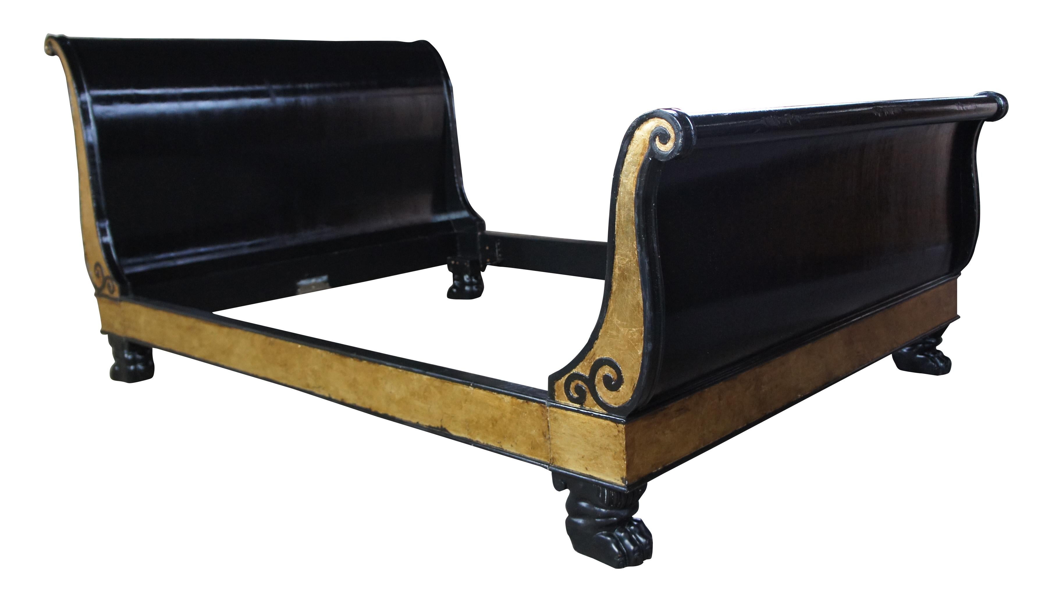20th Century Baker Furniture Milling Road Queen Sleigh Bed French Empire Black Gold Paw Feet