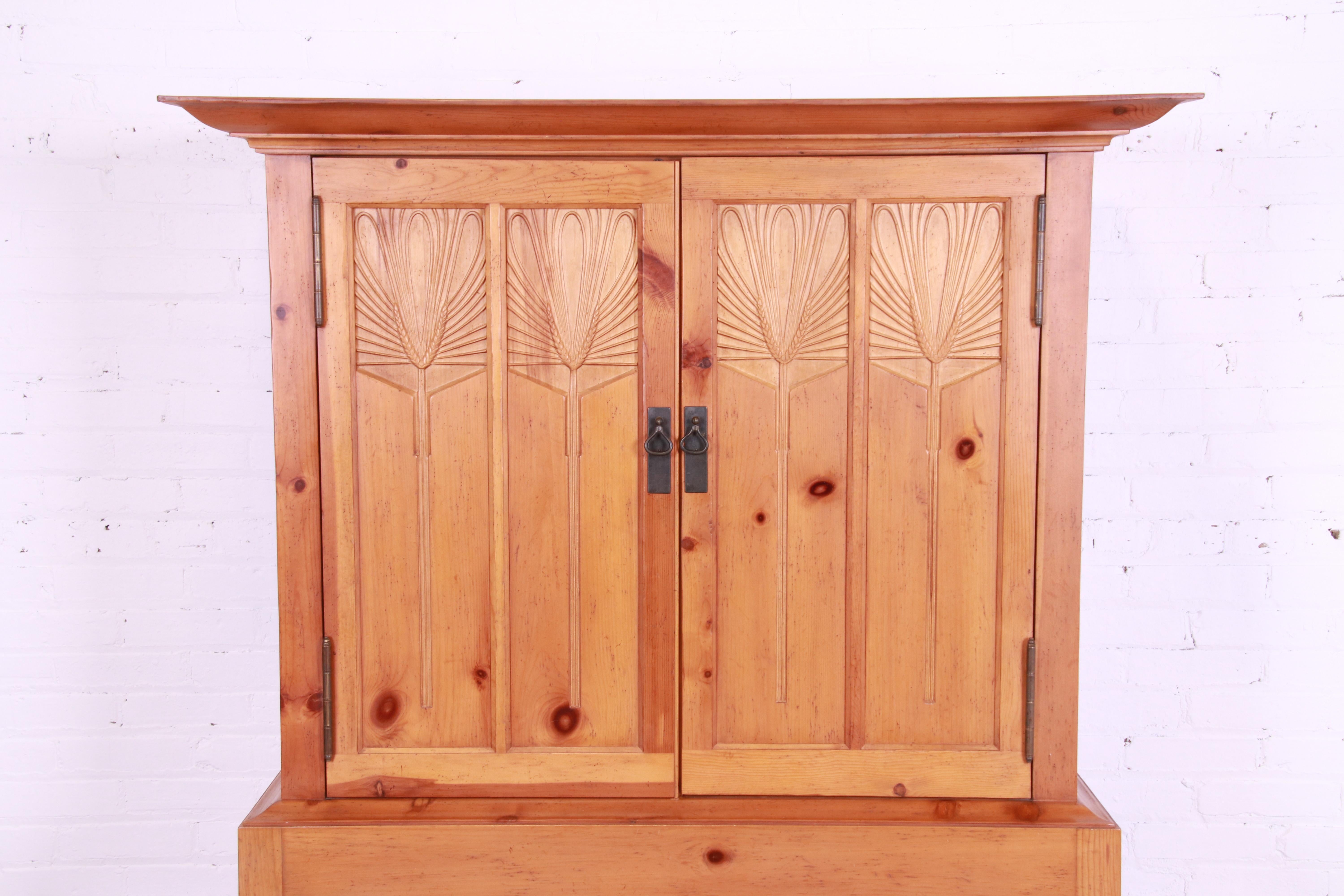 American Baker Furniture Milling Road Shaker Style Carved Pine Linen Press or Bar Cabinet For Sale