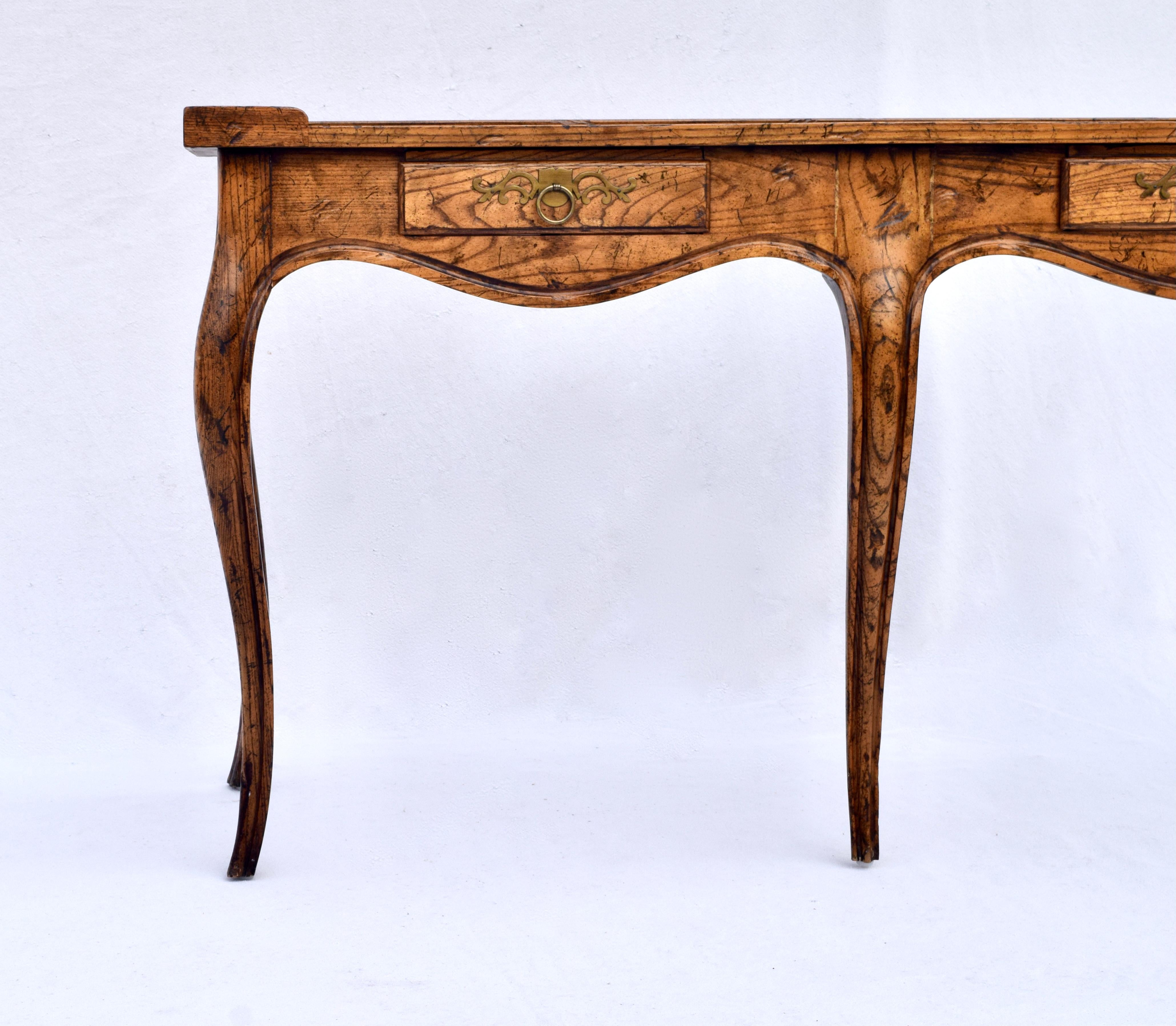 Baker Furniture Milling Road Tiger Oak & Burl French Country Console Table In Good Condition In Southampton, NJ