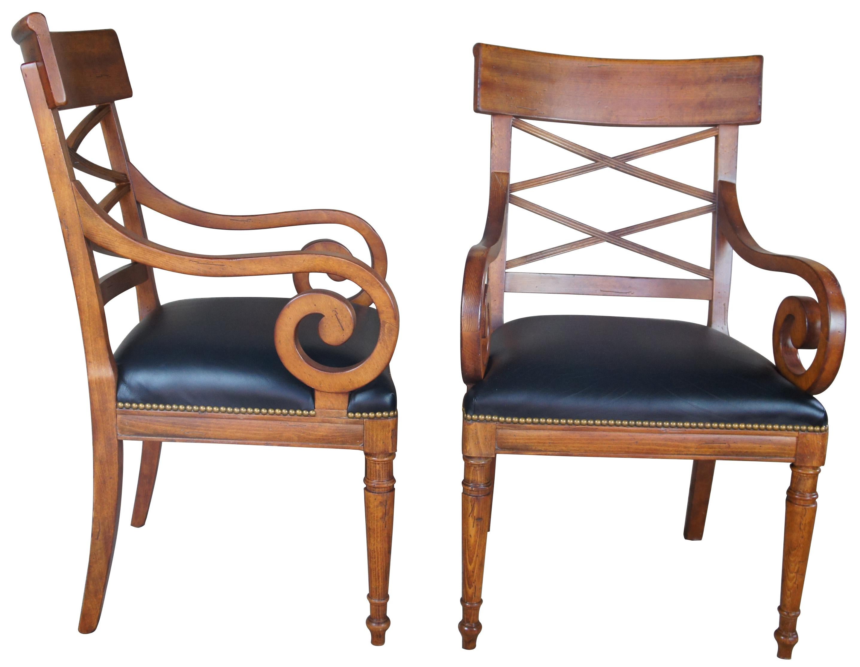 Baker Furniture milling road walnut Directoire chairs leather seat scroll arms

Milling Road for Baker (American, Grand Rapids, 1903-), late 20th century. Set of two Neoclassic walnut dining chairs, each having a curved crest scroll arm rail, an