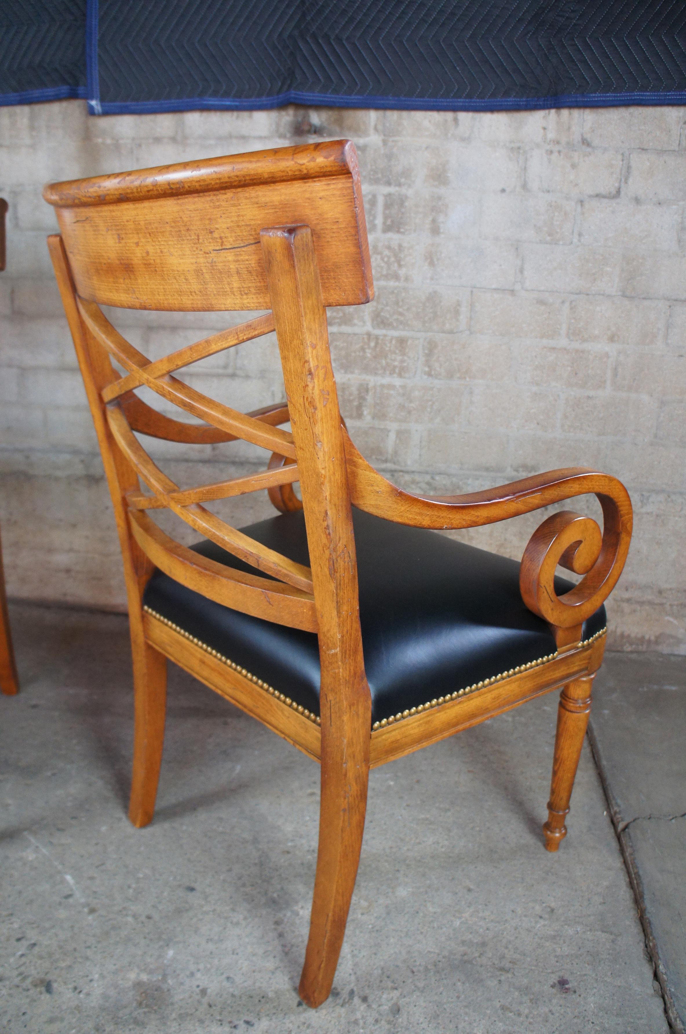 20th Century Baker Furniture Milling Road Walnut Directoire Chairs Leather Seat Scroll Arms