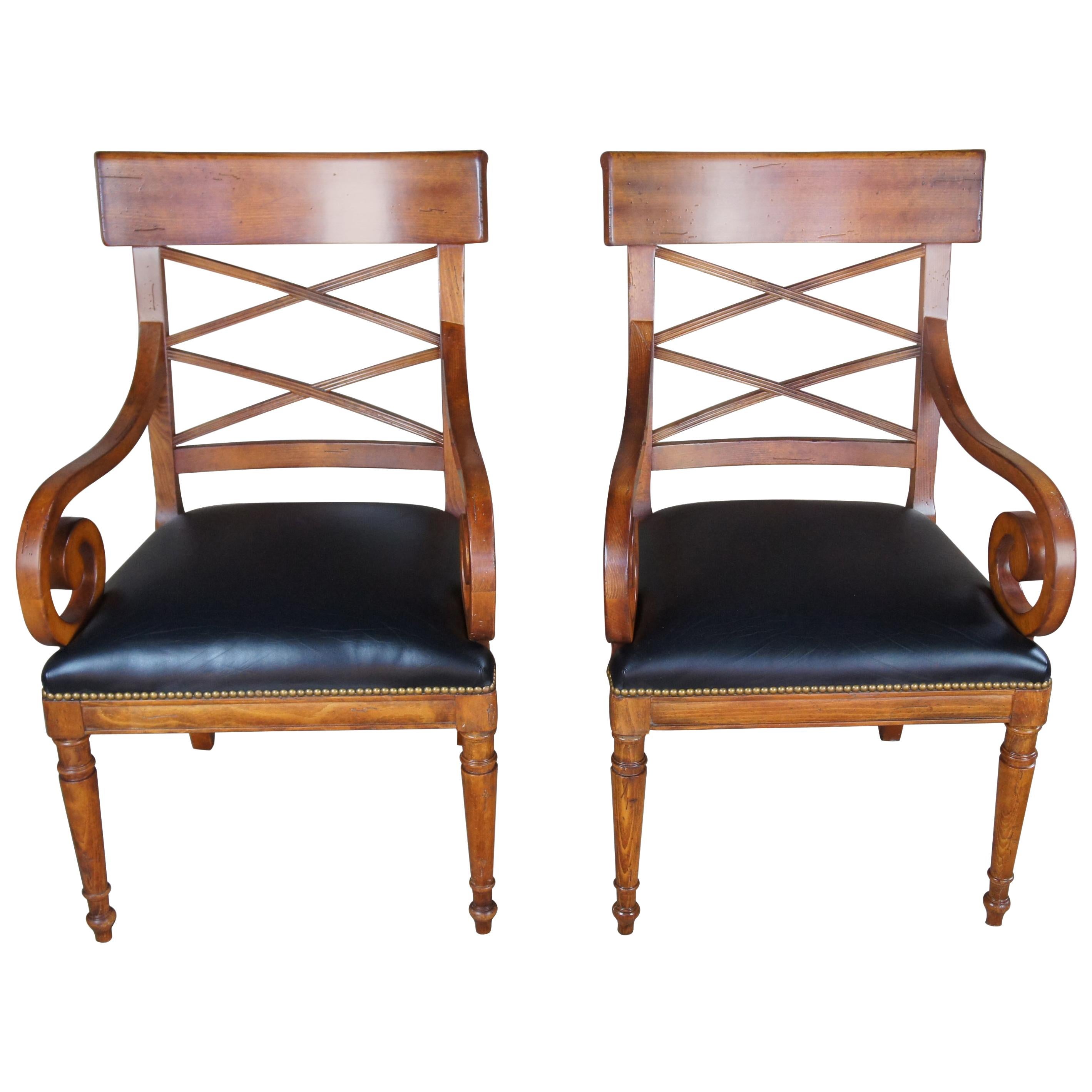 Baker Furniture Milling Road Walnut Directoire Chairs Leather Seat Scroll Arms