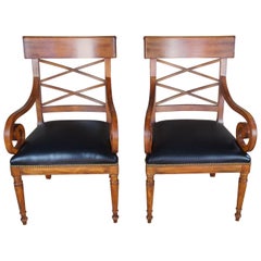 Baker Furniture Milling Road Walnut Directoire Chairs Leather Seat Scroll Arms