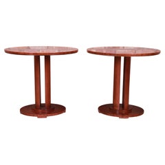 Baker Furniture Modern Art Deco Inlaid Mahogany Pedestal Side Tables, Pair