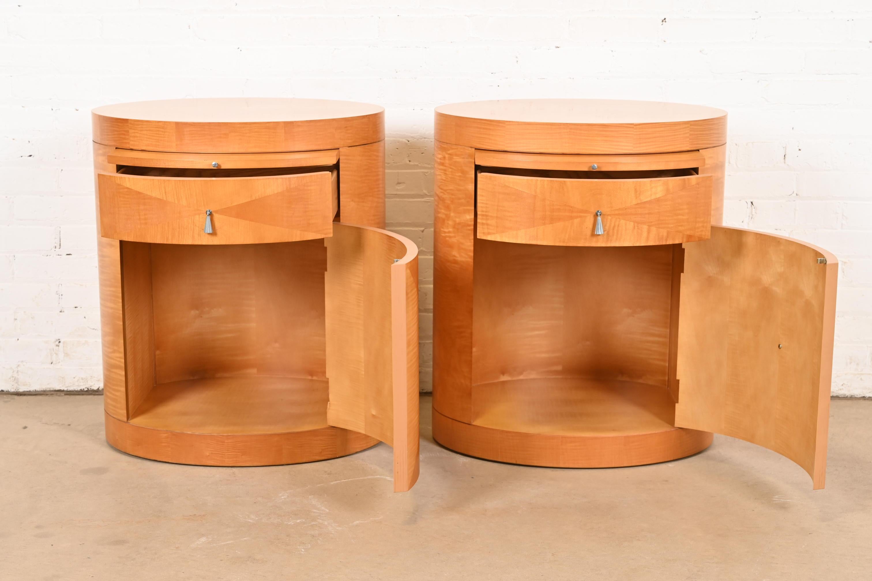 Nickel Baker Furniture Modern Art Deco Primavera Oval Nightstands, Pair For Sale