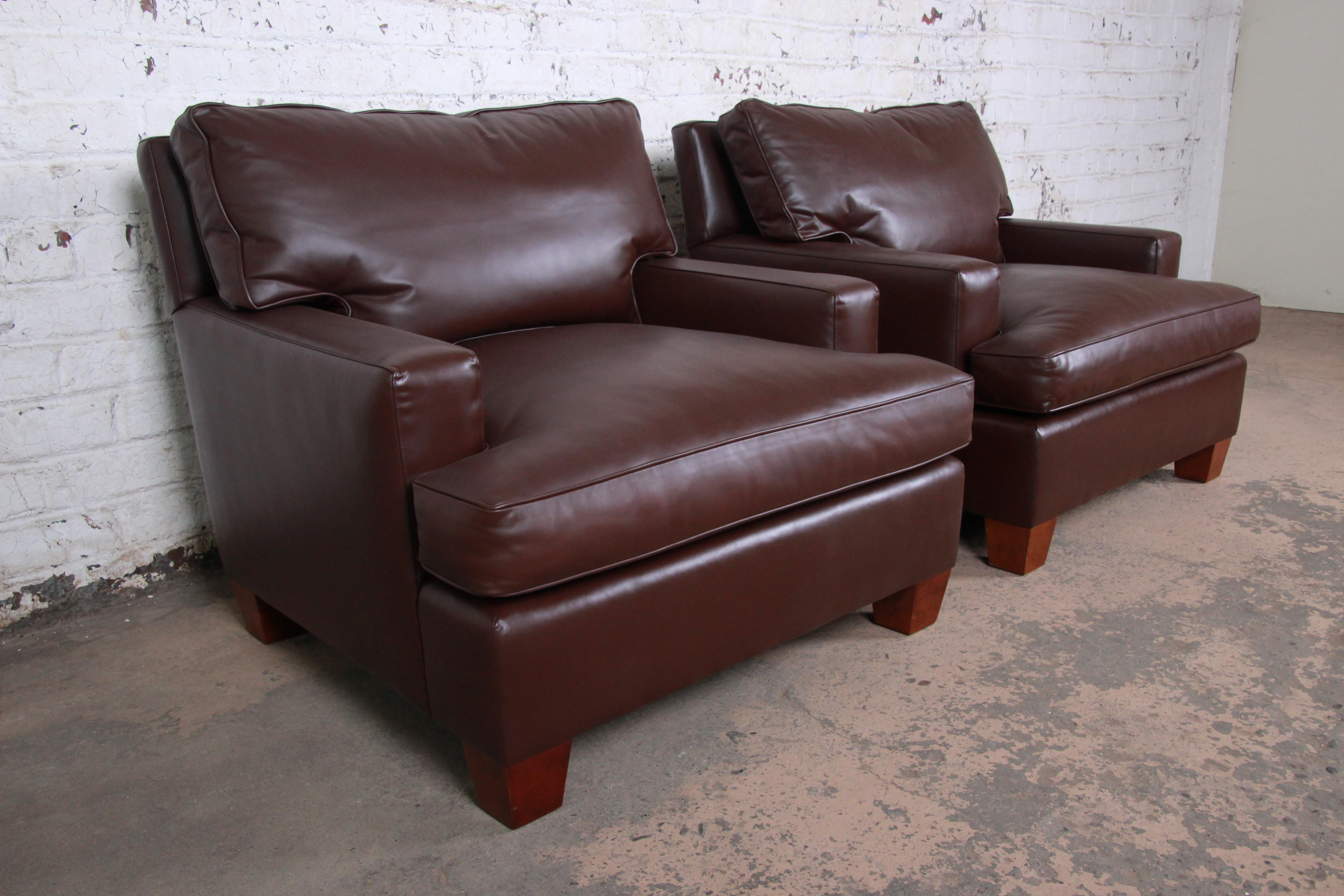 American Baker Furniture Modern Brown Leather Lounge Chairs, Pair