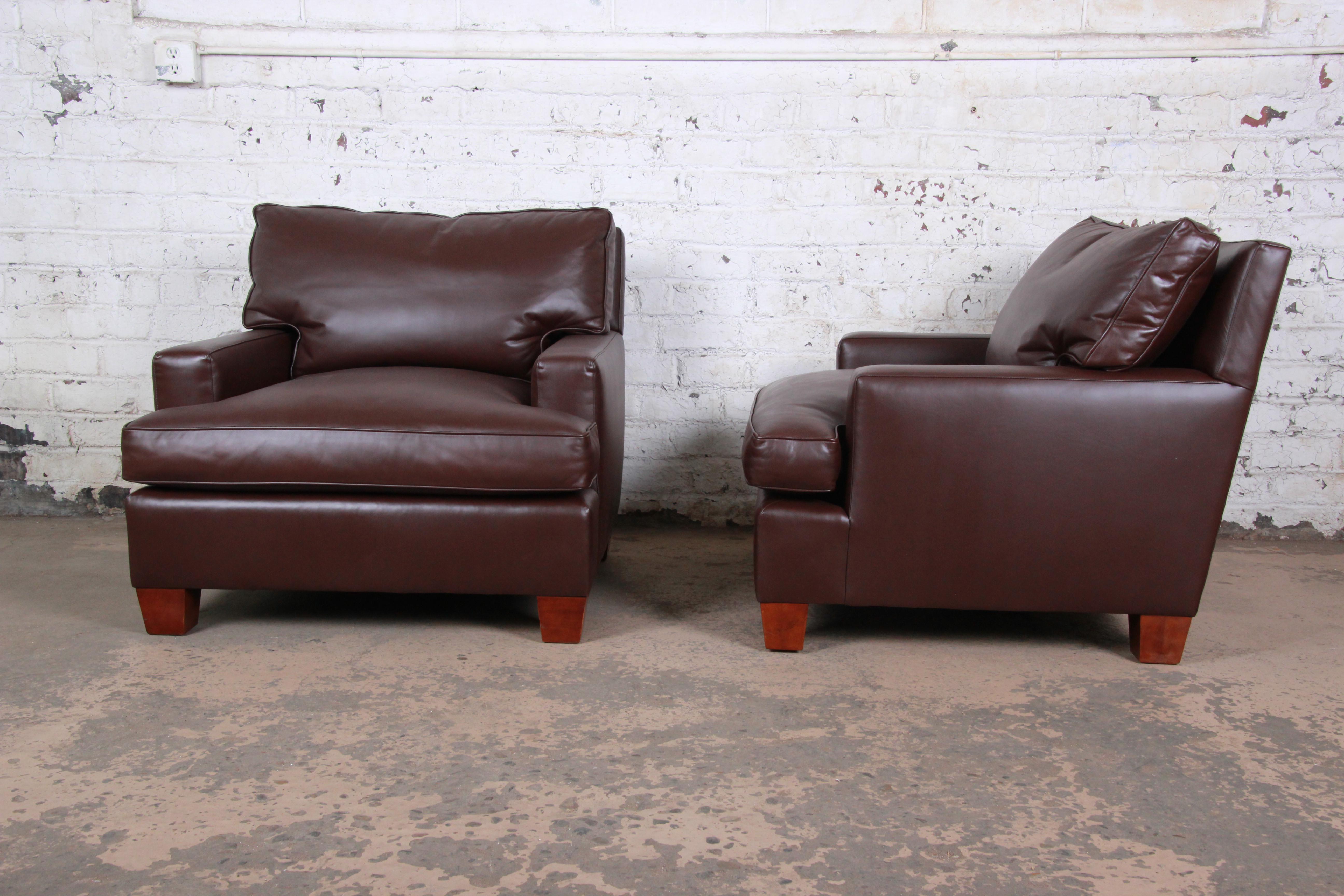 Baker Furniture Modern Brown Leather Lounge Chairs, Pair In Good Condition In South Bend, IN