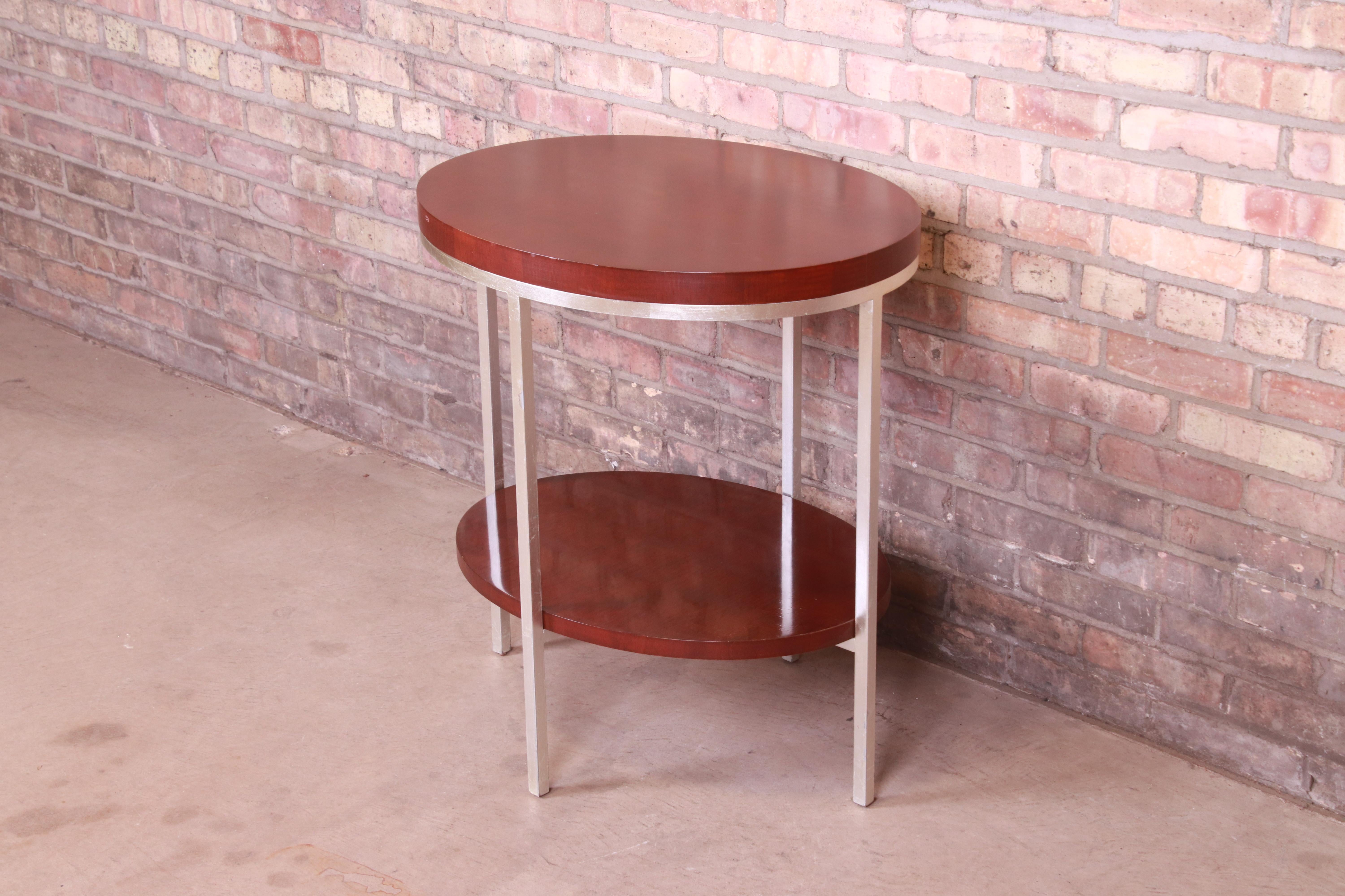 American Baker Furniture Modern Mahogany and Steel Two-Tier Side Table For Sale