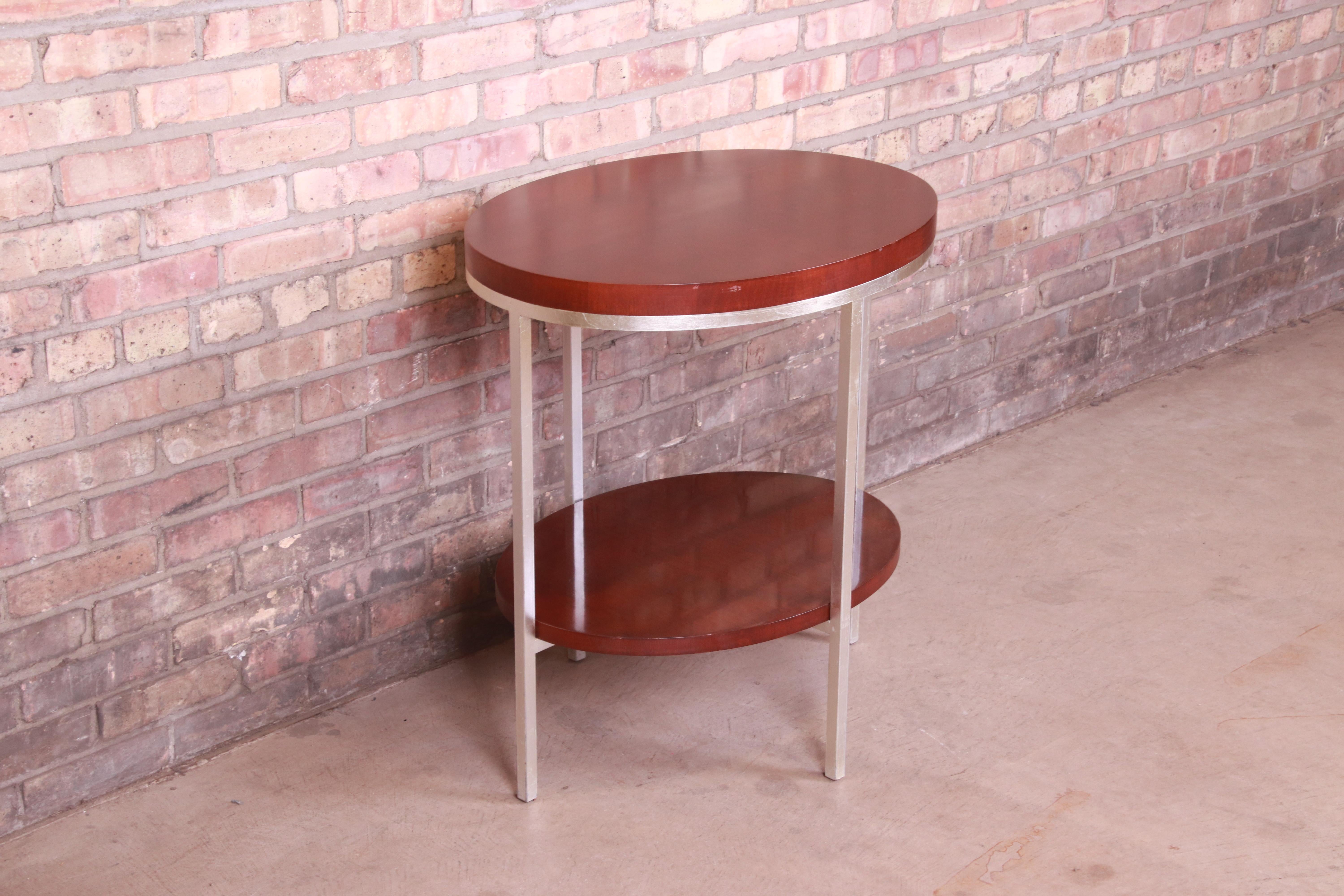 20th Century Baker Furniture Modern Mahogany and Steel Two-Tier Side Table For Sale