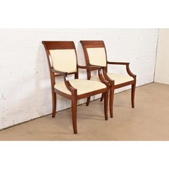 Baker Furniture Modern Regency Cherry Wood Upholstered Armchairs, Pair