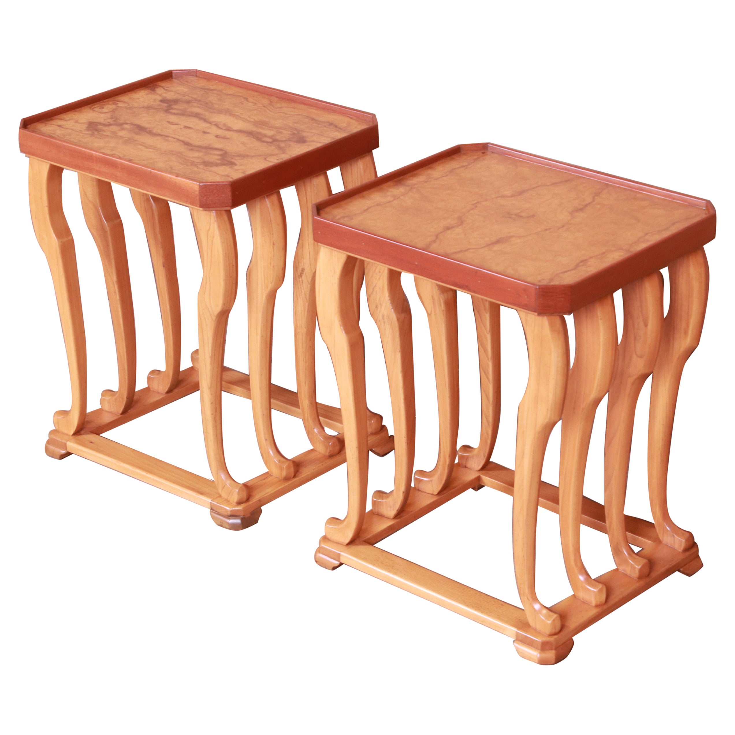 Baker Furniture Modern Sculptural Burlwood End Tables or Nightstands, Refinished