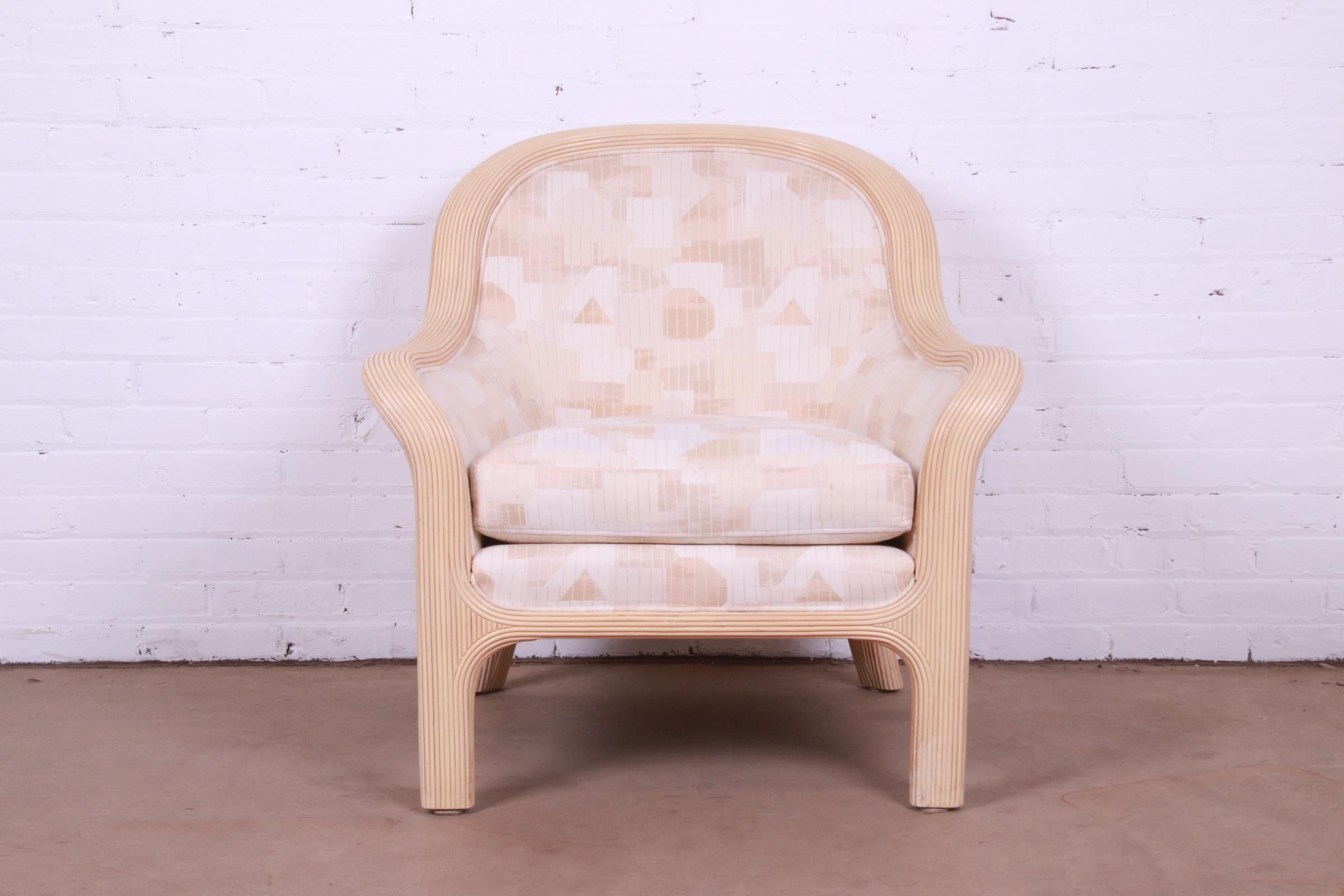 American Baker Furniture Modern Sculptural Split Reed Rattan Upholstered Lounge Chair For Sale