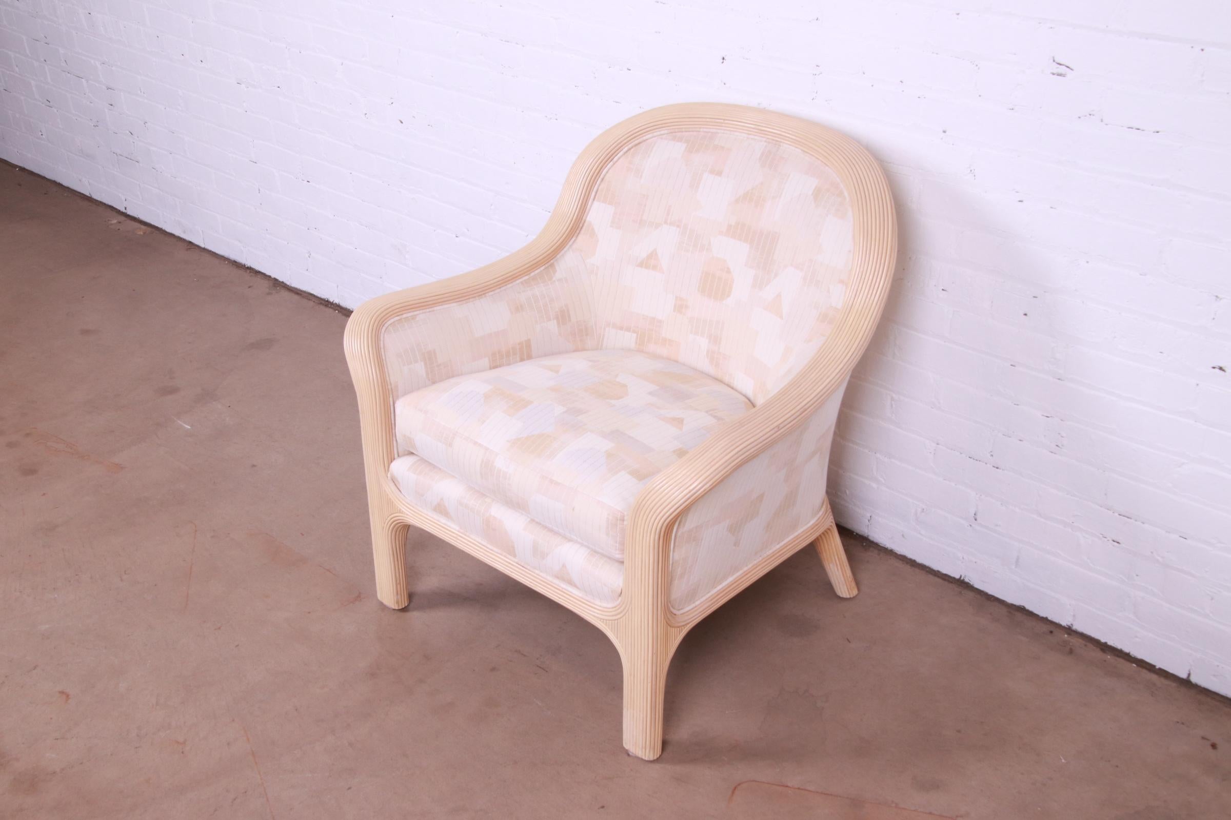 20th Century Baker Furniture Modern Sculptural Split Reed Rattan Upholstered Lounge Chair For Sale