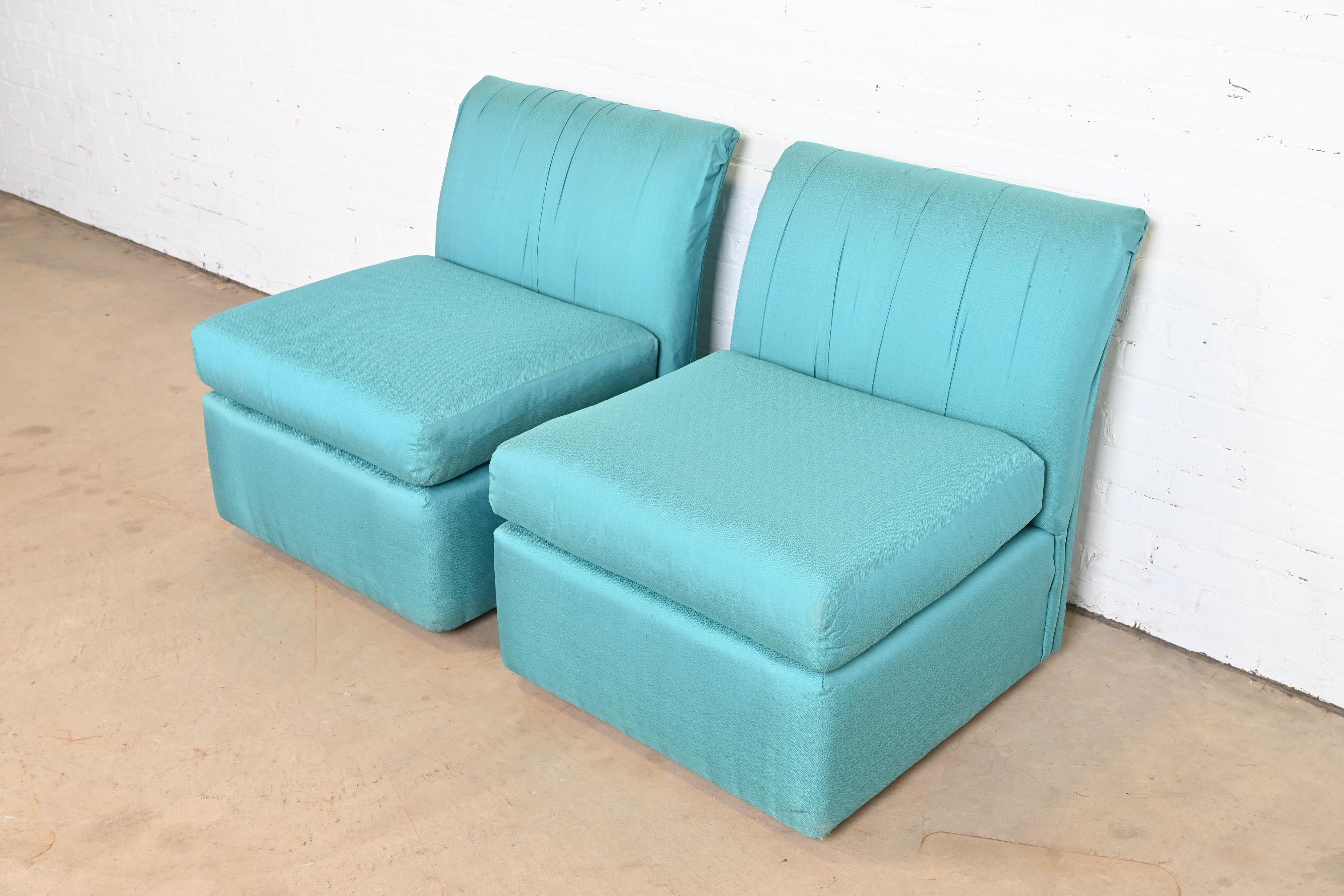 Baker Furniture Modern Silk Upholstered Slipper Chairs or Lounge Chairs, Pair In Good Condition For Sale In South Bend, IN