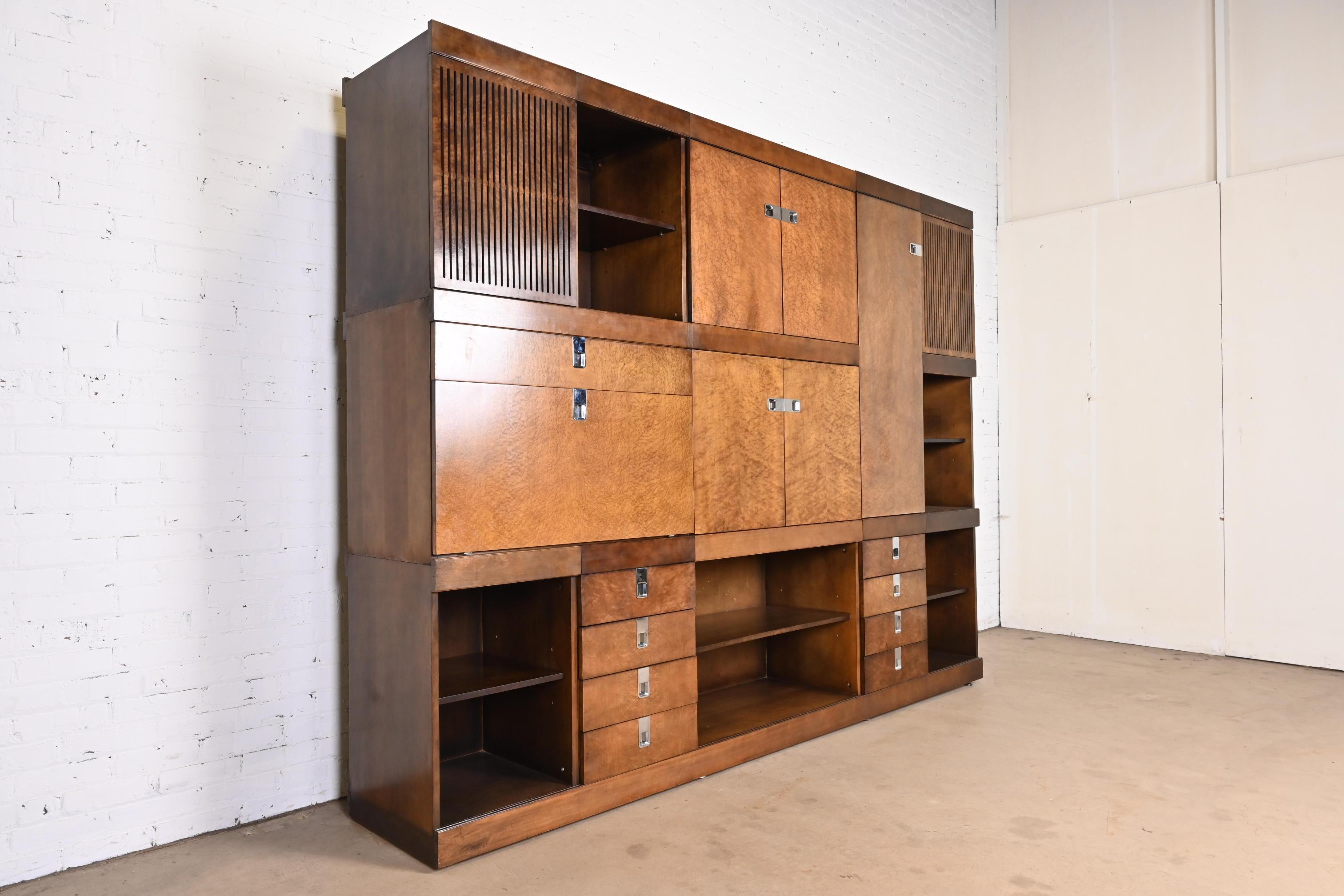 Baker Furniture Monumental Mid-Century Modern Birdseye Maple Modular Wall Unit In Good Condition In South Bend, IN