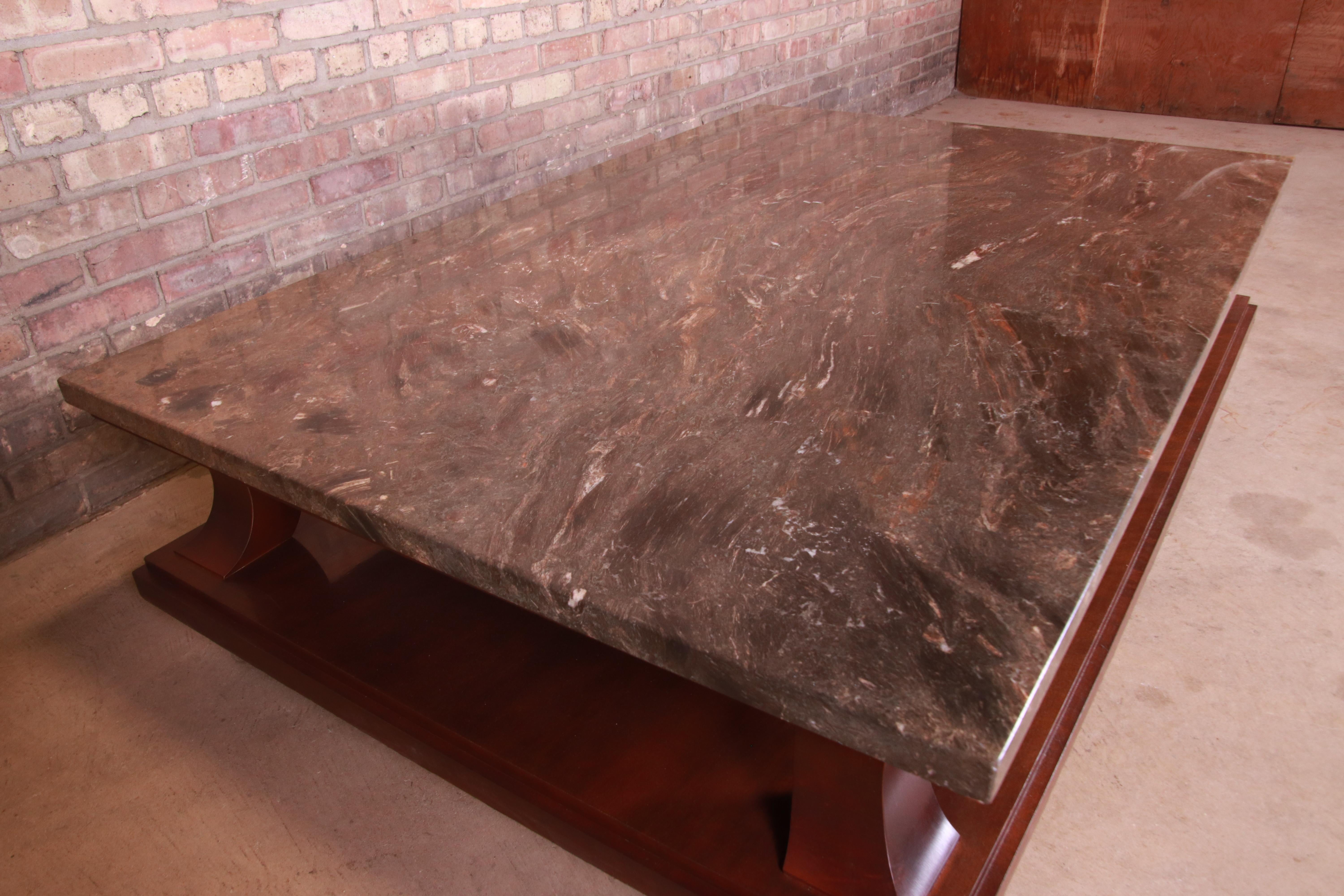 Baker Furniture Monumental Modern Mahogany Italian Marble Top Coffee Table 2