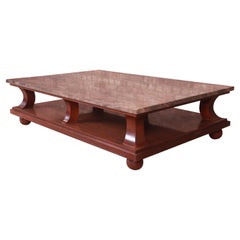 Baker Furniture Monumental Modern Mahogany Italian Marble Top Coffee Table