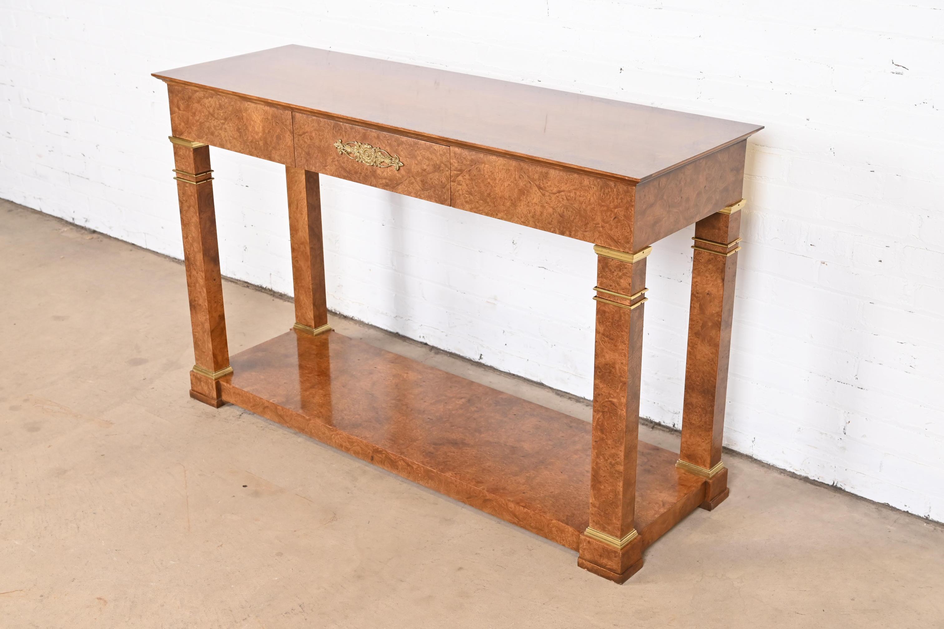 Baker Furniture Neoclassical Burl Wood and Mounted Brass Console or Sofa Table In Good Condition For Sale In South Bend, IN