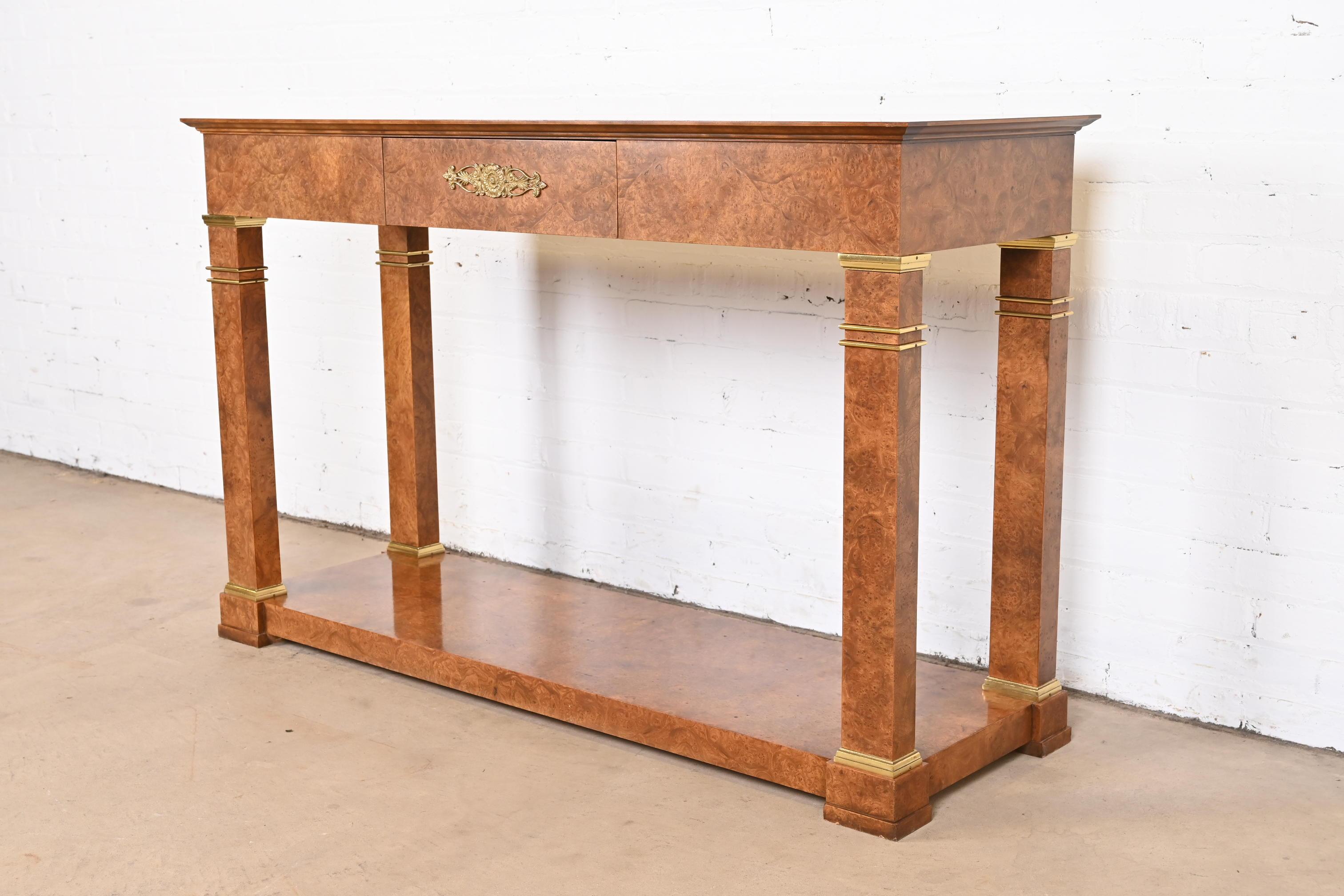 Late 20th Century Baker Furniture Neoclassical Burl Wood and Mounted Brass Console or Sofa Table For Sale