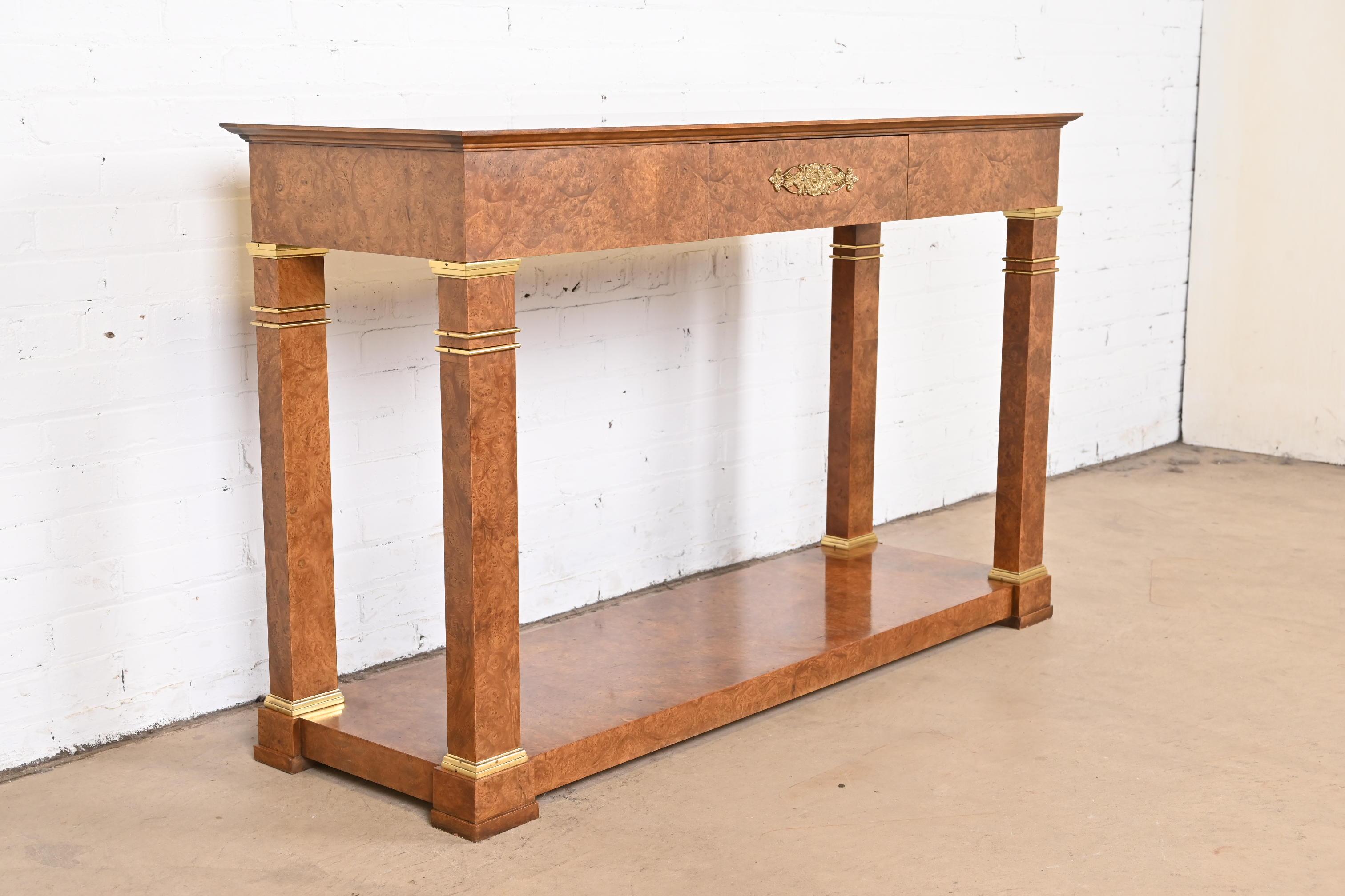 Baker Furniture Neoclassical Burl Wood and Mounted Brass Console or Sofa Table For Sale 2