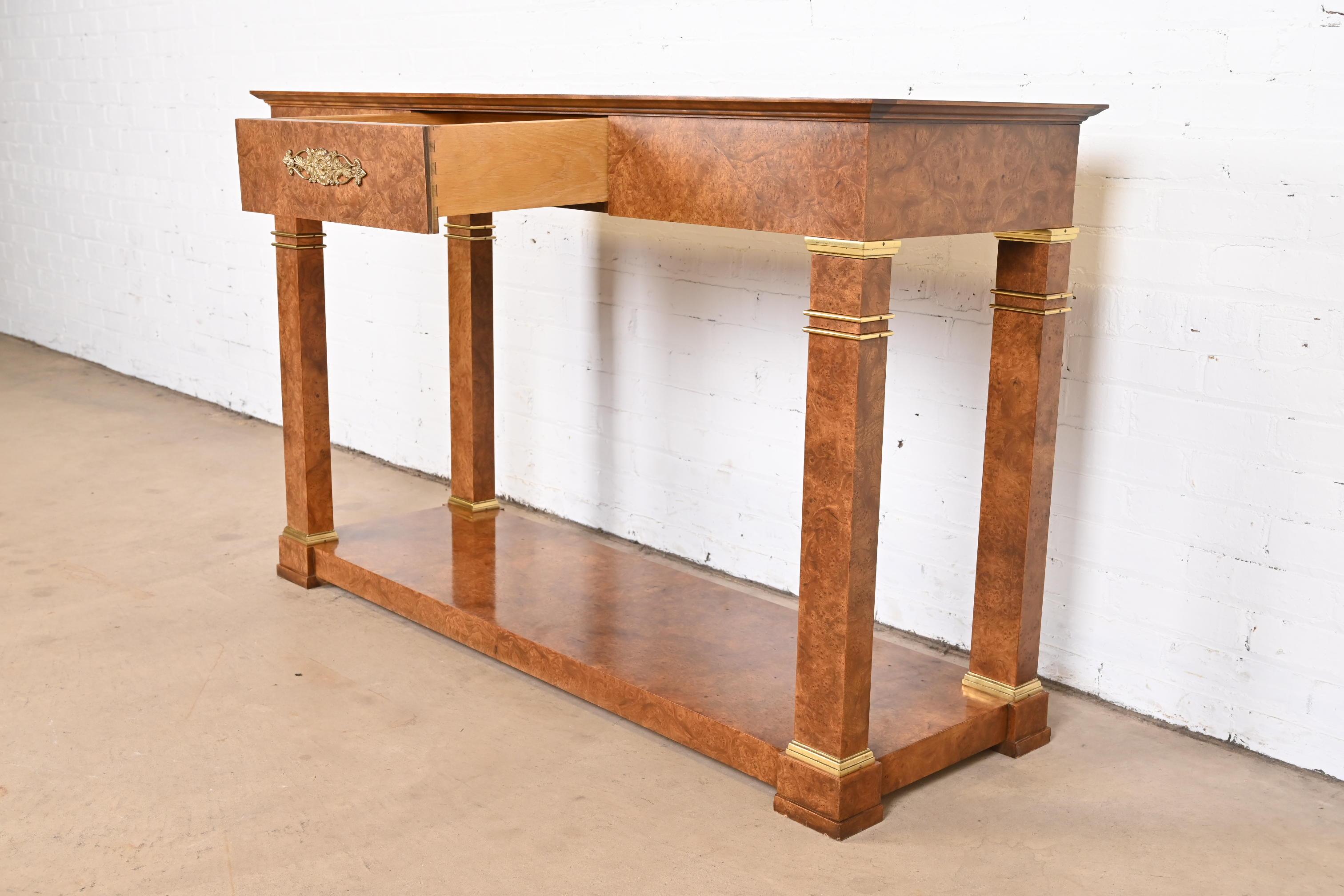 Baker Furniture Neoclassical Burl Wood and Mounted Brass Console or Sofa Table For Sale 3