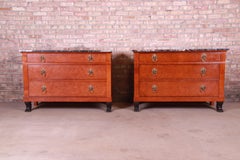 Baker Furniture Neoclassical Burl Wood Marble-Top Chests, Pair