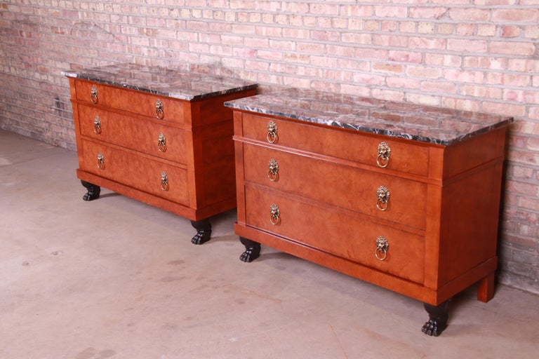 American Baker Furniture Neoclassical Burl Wood Marble-Top Chests, Pair For Sale