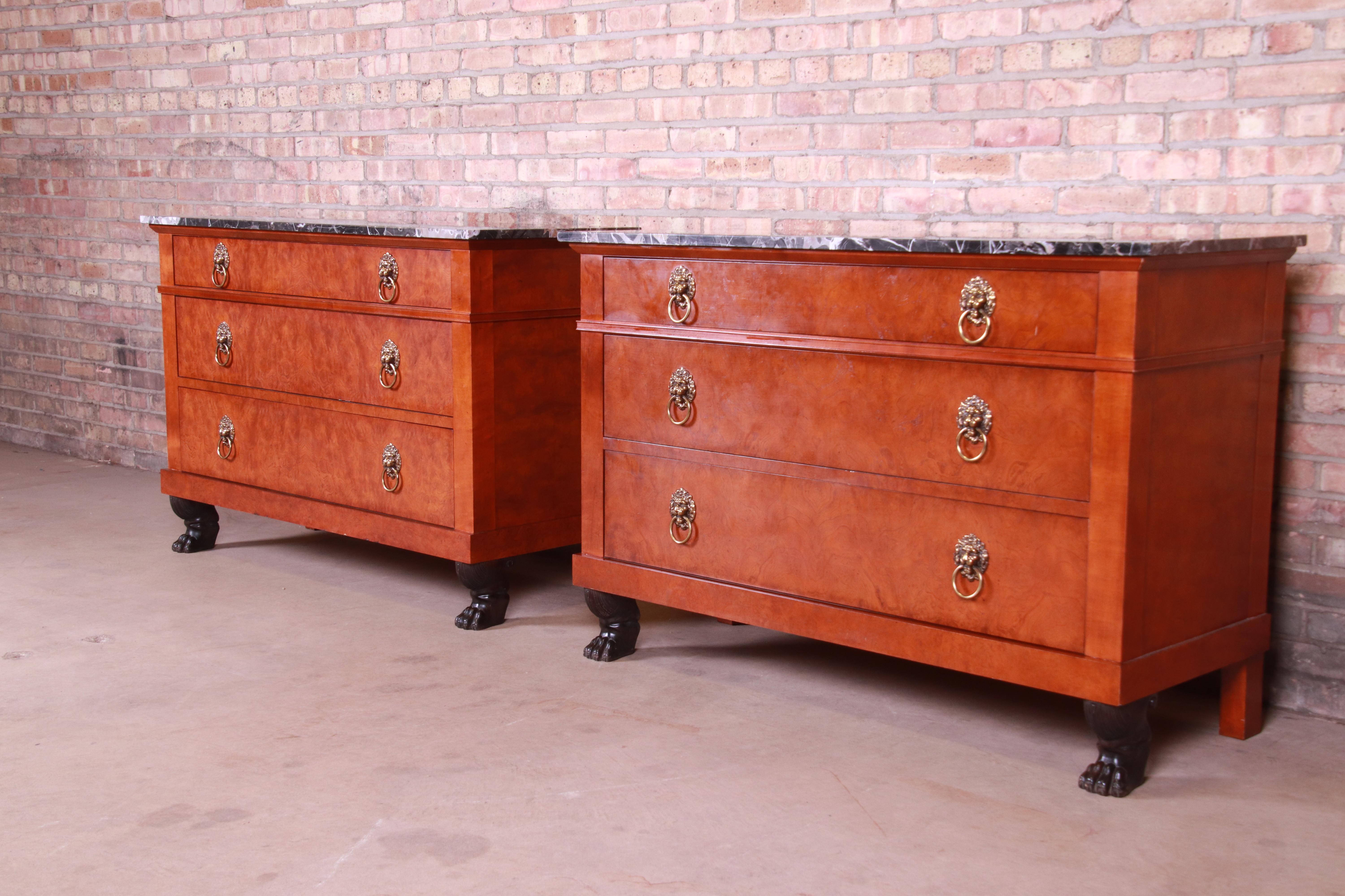 Baker Furniture Neoclassical Burl Wood Marble-Top Chests, Pair In Good Condition In South Bend, IN