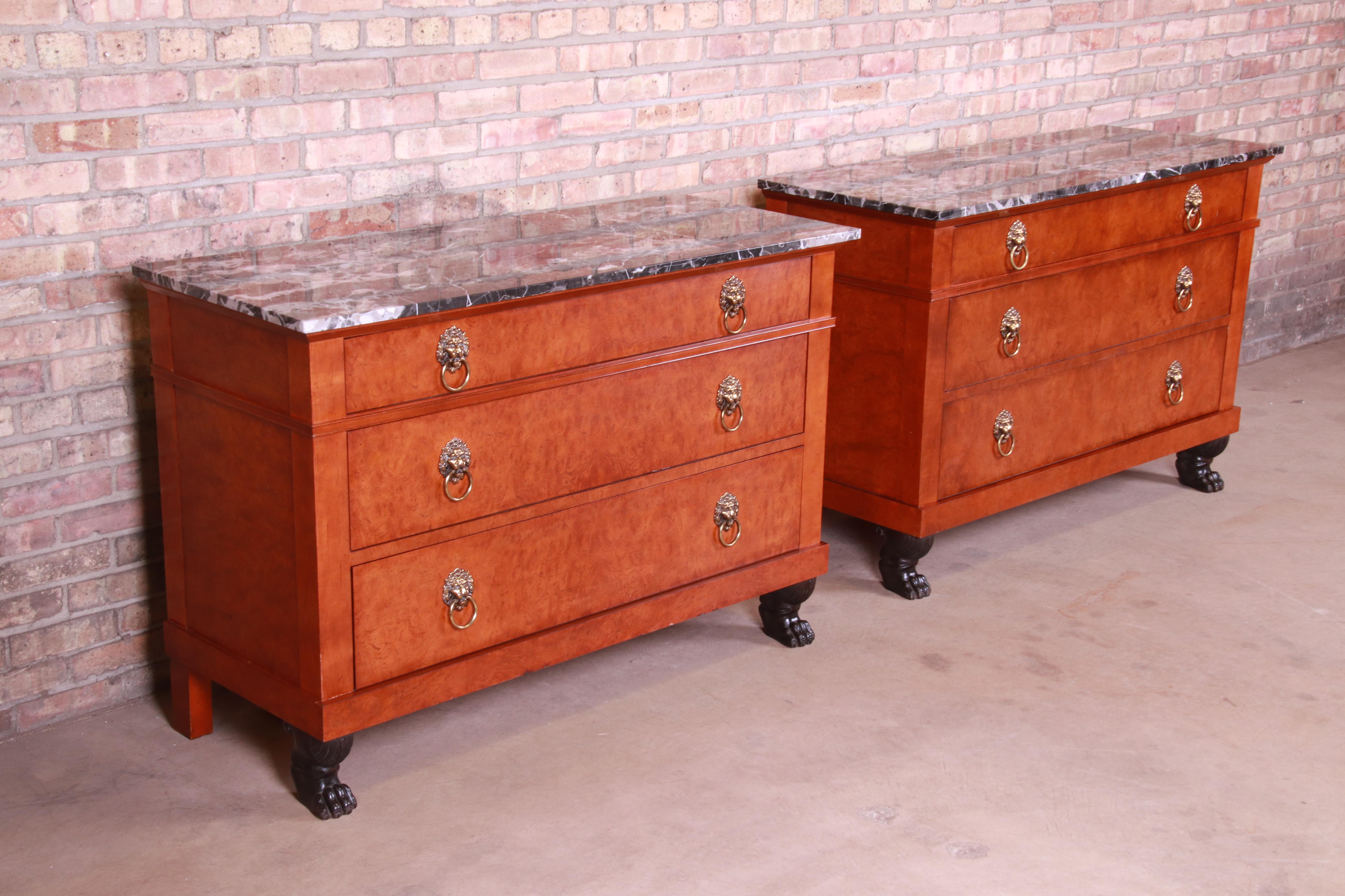 20th Century Baker Furniture Neoclassical Burl Wood Marble-Top Chests, Pair