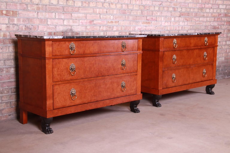 Brass Baker Furniture Neoclassical Burl Wood Marble-Top Chests, Pair For Sale