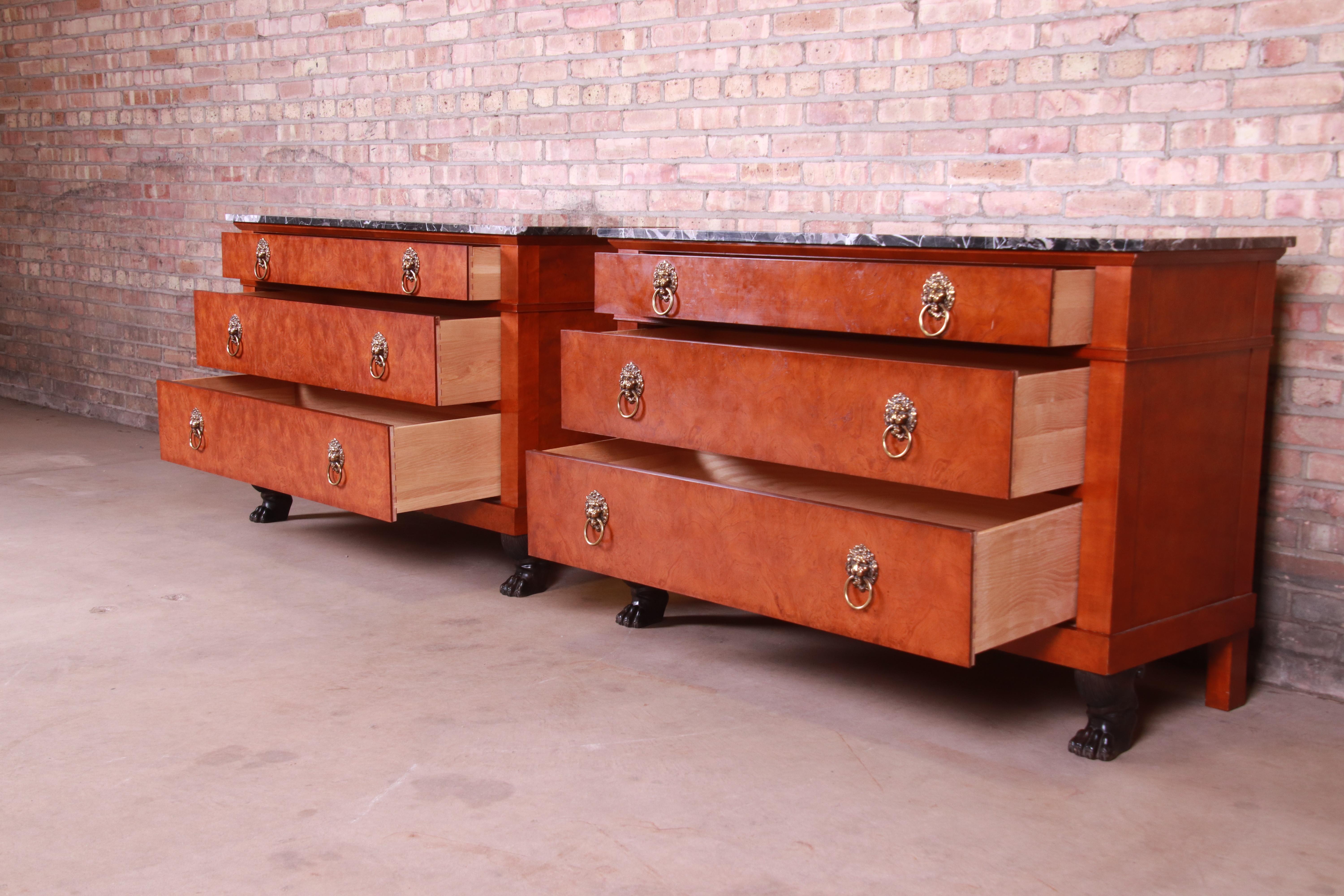 Baker Furniture Neoclassical Burl Wood Marble-Top Chests, Pair 1